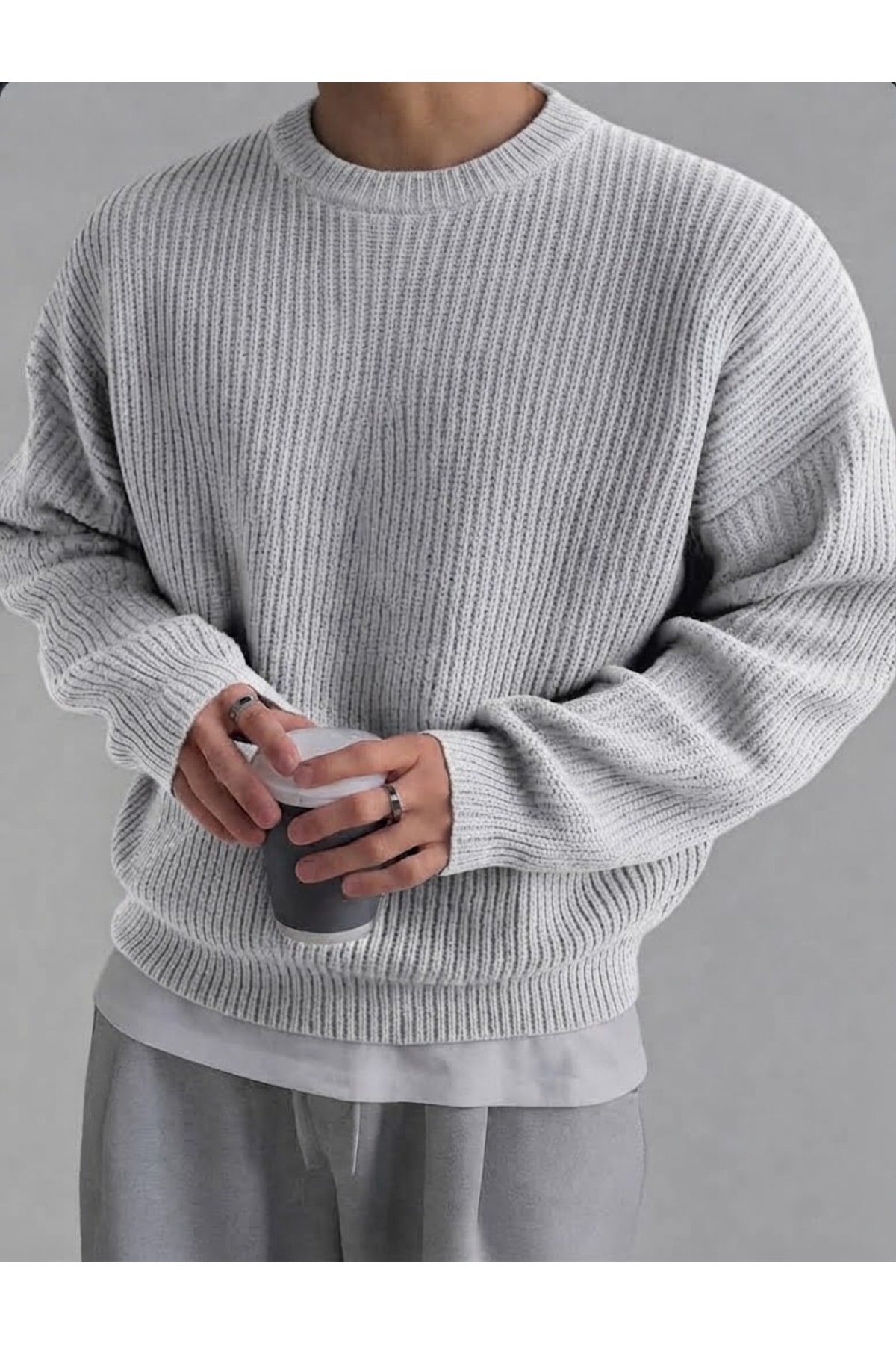 erkek oversize bisiklet yaka triko kazak 0 yaka rahat kalıp pamuklu — خاکستری lc waikiki owersize kadın bayan boğazlı