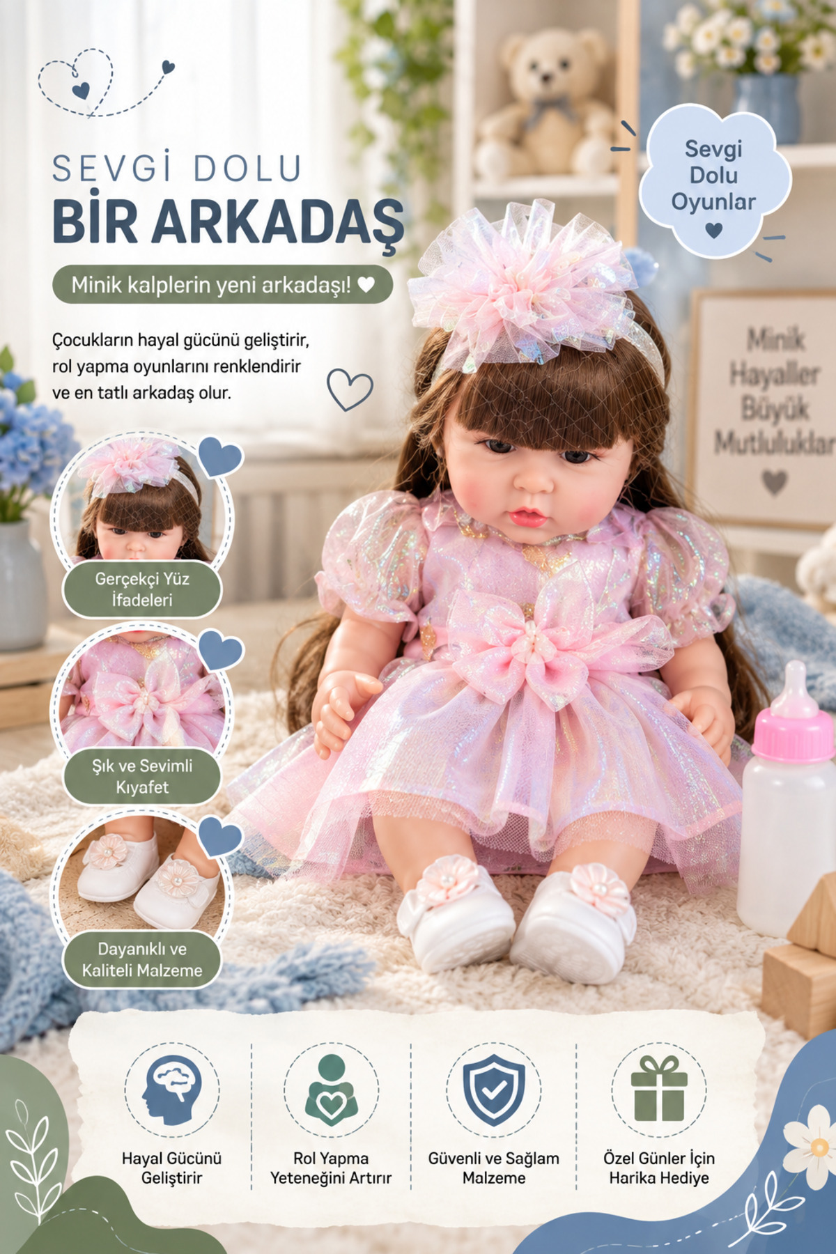 hak-iş oyuncak 30 Cm Yeni Doğmuş Bebek Oyuncak | Pembe Elbiseli Gerçekçi Yüz İfadeli Bebek
