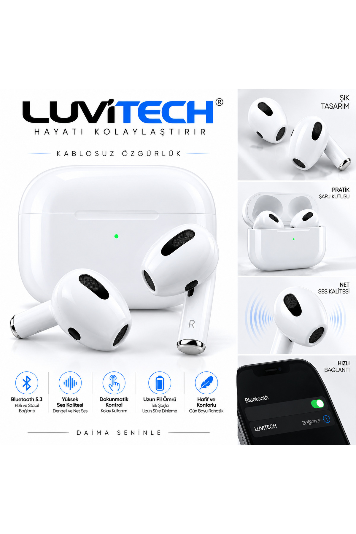 3. Nesil Pro Beyaz Ios Android Uyumlu Kablosuz Bluetooth Kulaklık Yeni Nesil