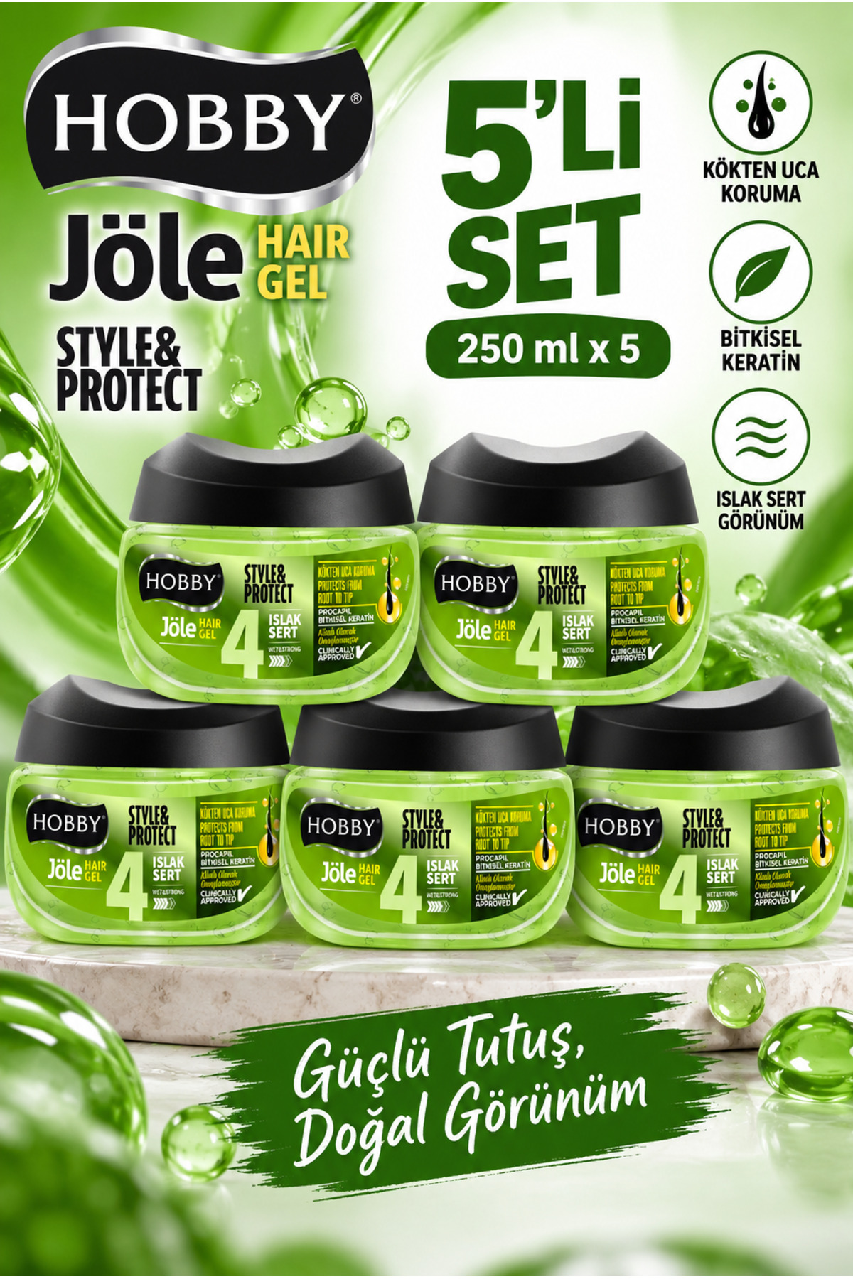 Hobby Stye&protect Saç Jölesi Islak Sert 250 ml 5 Adet Güçlü Tutuş Doğal Görünüm — NCF--IslakSert5li