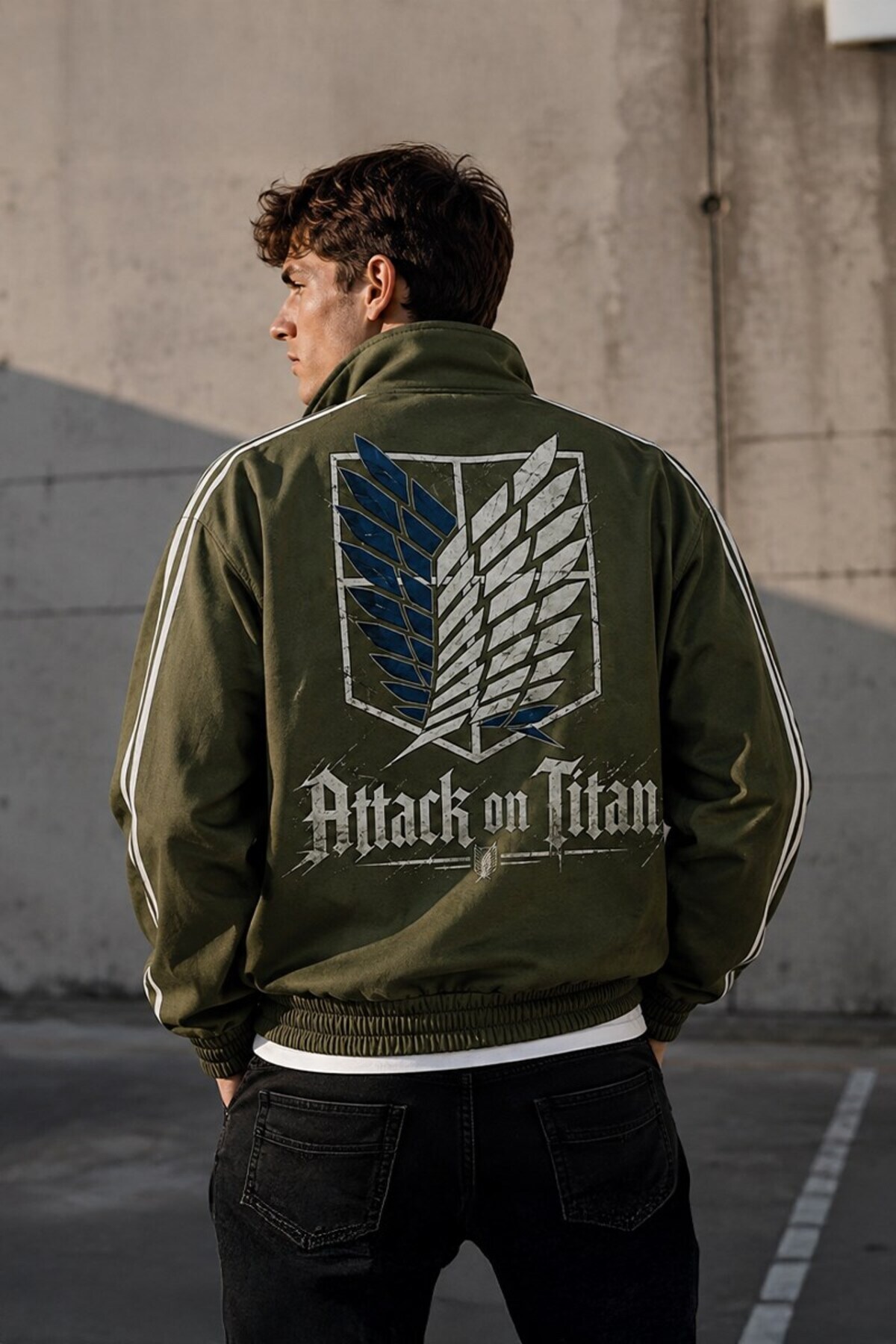 انیمه Attack on Titan Khaki Green Unisex ژاکت کالج راه راه ضخیم 3 Thread Racking ژاکت ممتاز 3