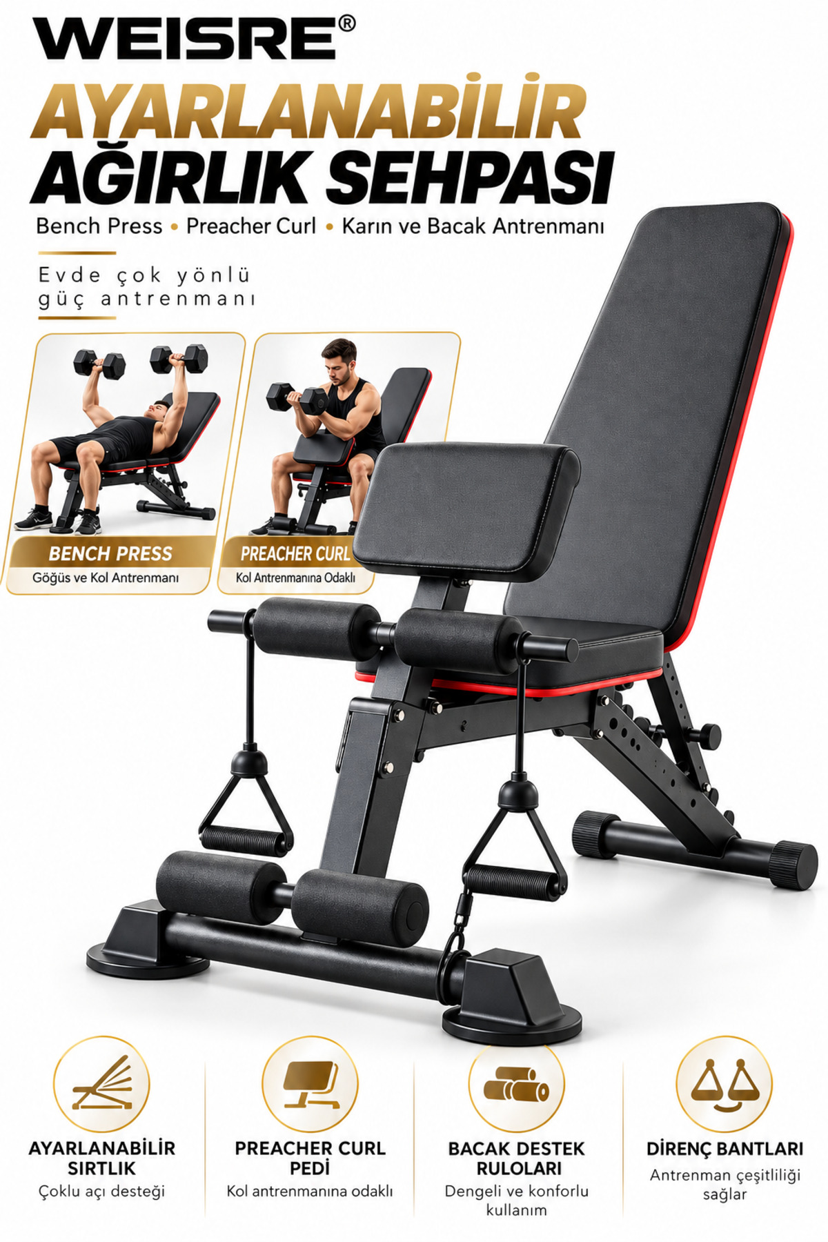 Weisre Ayarlanabilir Ağırlık Sehpası, 7 Kademeli Sırt, Preacher Curl Pedi ve Direnç Bantlı Evde Spor Bench