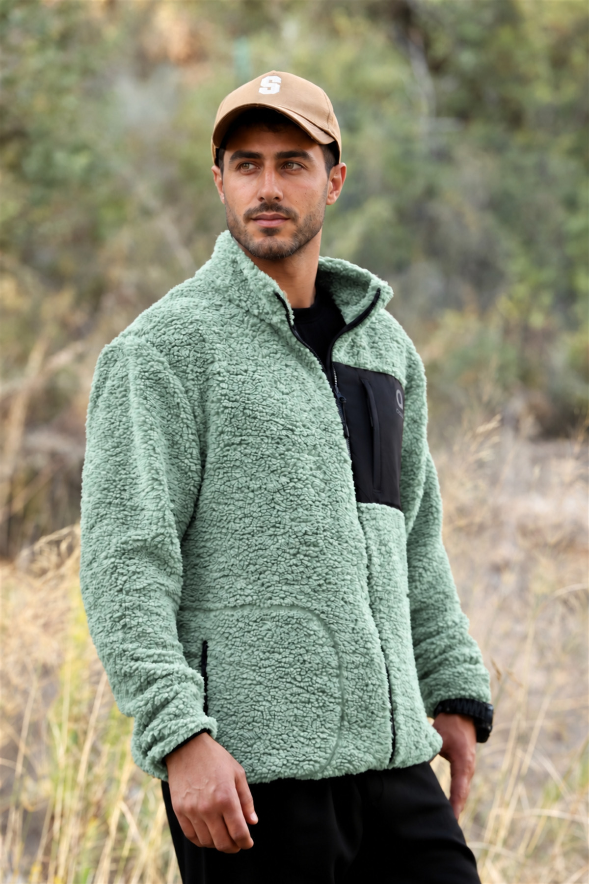 Erkek Yeşil Kuzu Welsoft Polar Ceket Dik Yaka Fermuarlı Oversize — سبز E0600-EQ — تصویر 6 از 7