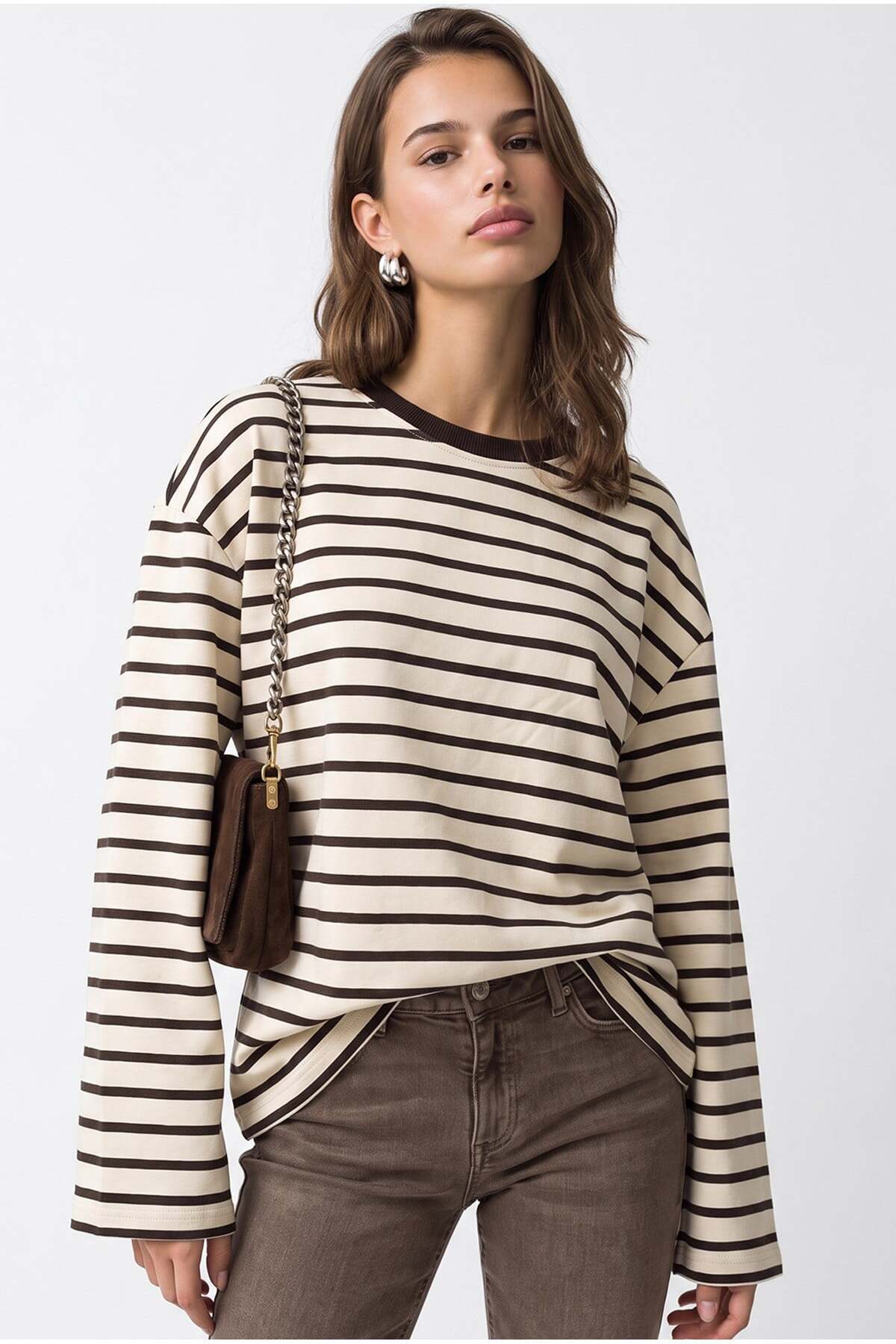 2236 Çizgili Bisiklet Yaka Uzun Kol Oversize Sweatshirt Kahve