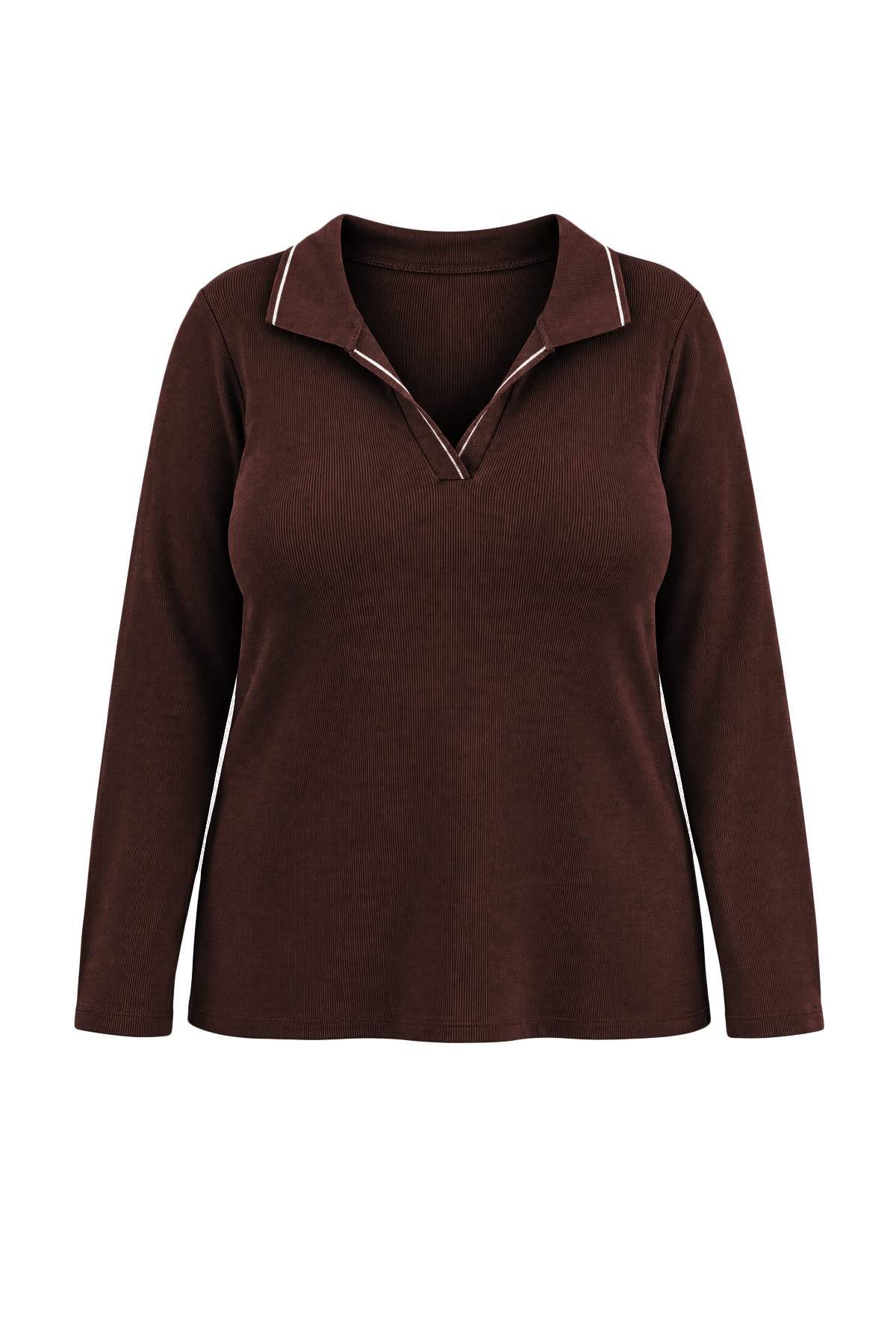 Trendyolmilla Curve Kahverengi Triko Yaka Detaylı Fitted/Vücuda Oturan Fitilli Esnek Örme Bluz TBBAW26AF00020