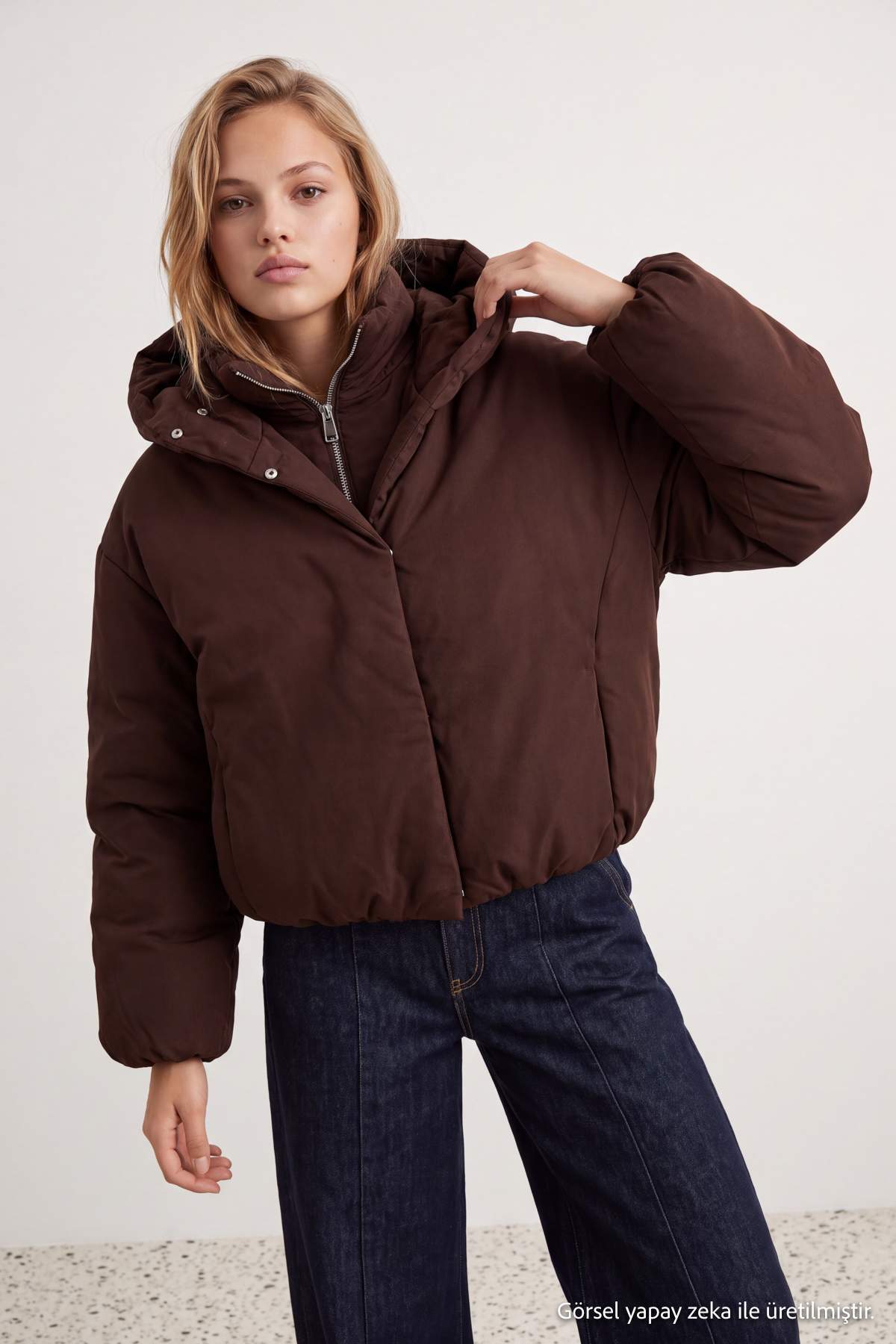 Kahverengi Oversize Kalıp Kapüşonlu Şişme Mont TWOAW27MO00119