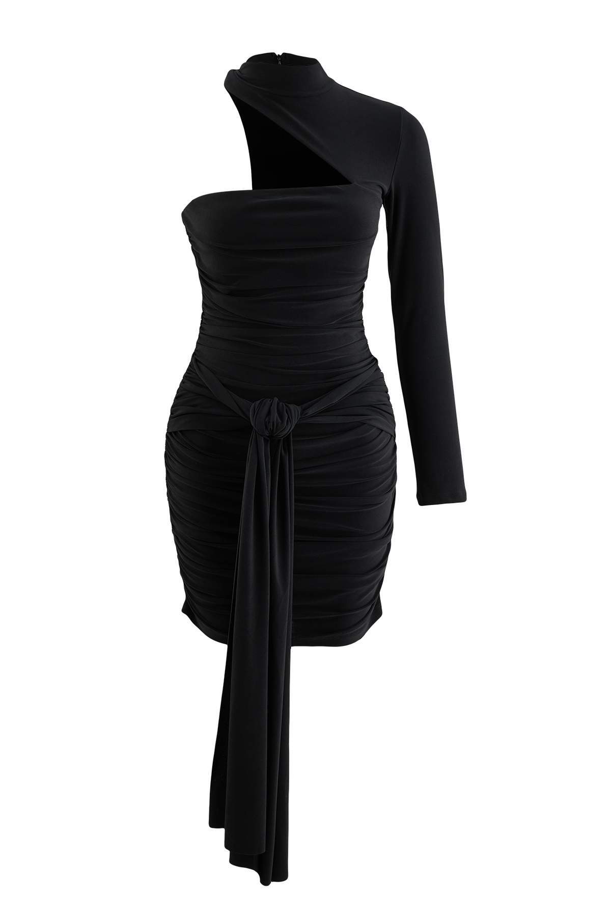 Trendyolmilla Siyah Asimetrik Yaka&Kol Detaylı Bodycone/Vücudu Saran Kısa / Mini Örme Elbise TPRAW27EL00054