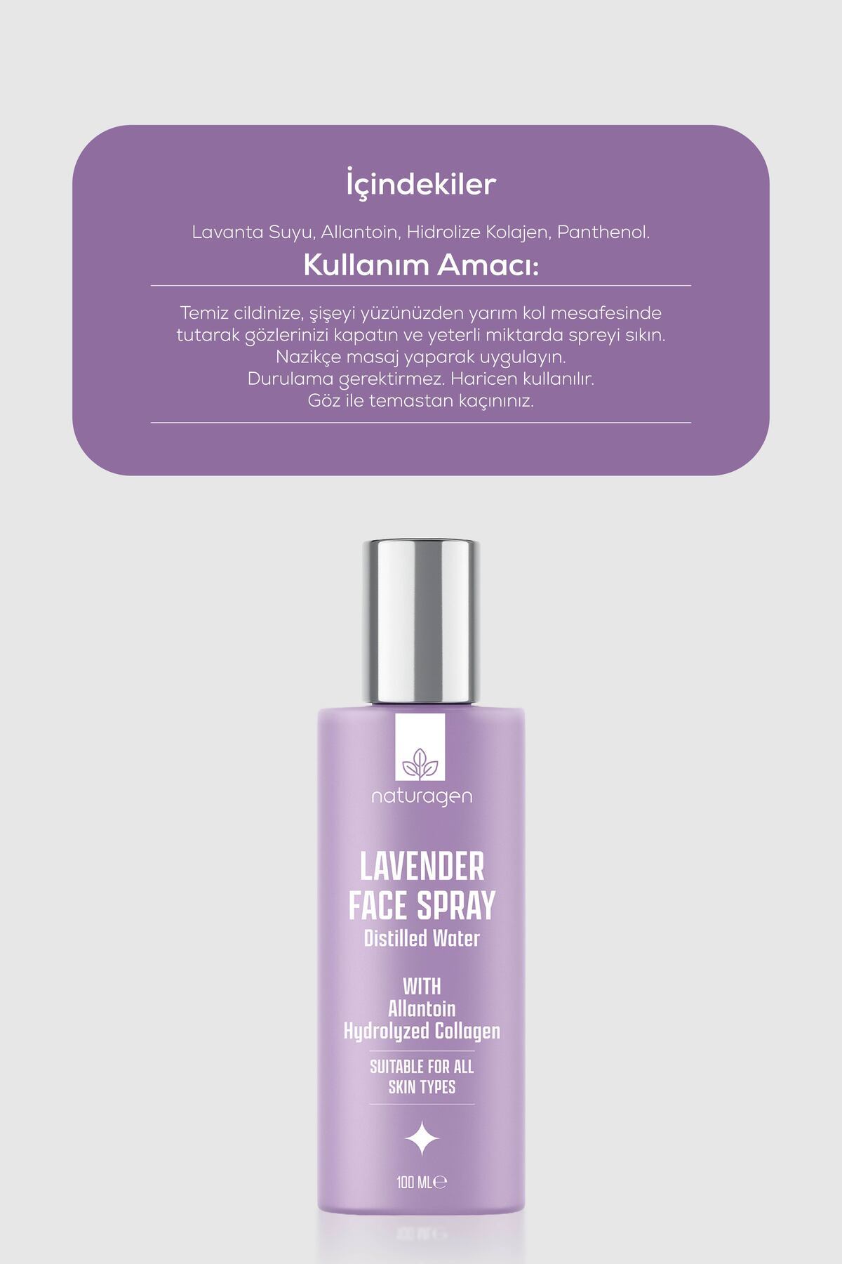 Nemlendirici ve Yatıştırıcı Yüz Spreyi 100 ml | Lavanta, Allantoin, Hidrolize Kolajen, Panthenol — KZMNTG0060 — تصویر 5 از 7