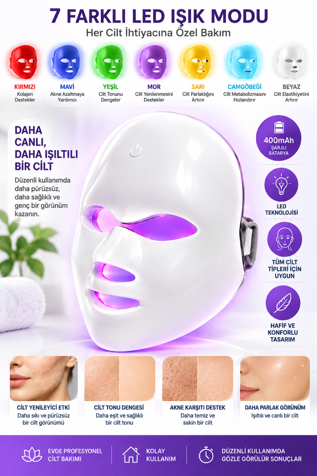 ماسک مراقبت از پوست با نور LED، ماسک صورت 7 رنگ LED تراپی، ضد چروک، آکنه و جوان کننده پوست، قابل شارژ 400 میلی آمپر ساعت — سفید SRTDYFUGIHOJPKK — تصویر 8 از 8