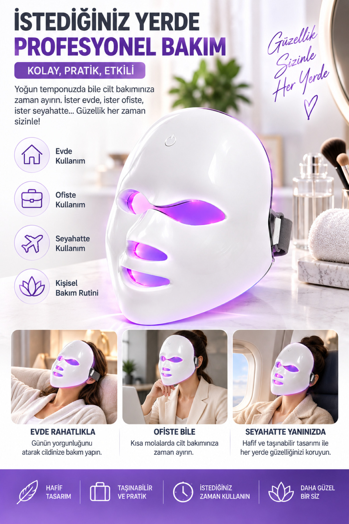ماسک مراقبت از پوست با نور LED، ماسک صورت 7 رنگ LED تراپی، ضد چروک، آکنه و جوان کننده پوست، قابل شارژ 400 میلی آمپر ساعت — سفید SRTDYFUGIHOJPKK — تصویر 7 از 8