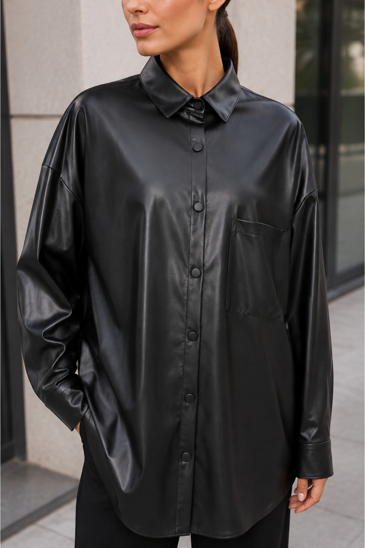 Siyah Oversize Cep Detaylı Deri Gömlek — مشکی GMDR01 — تصویر 3 از 9