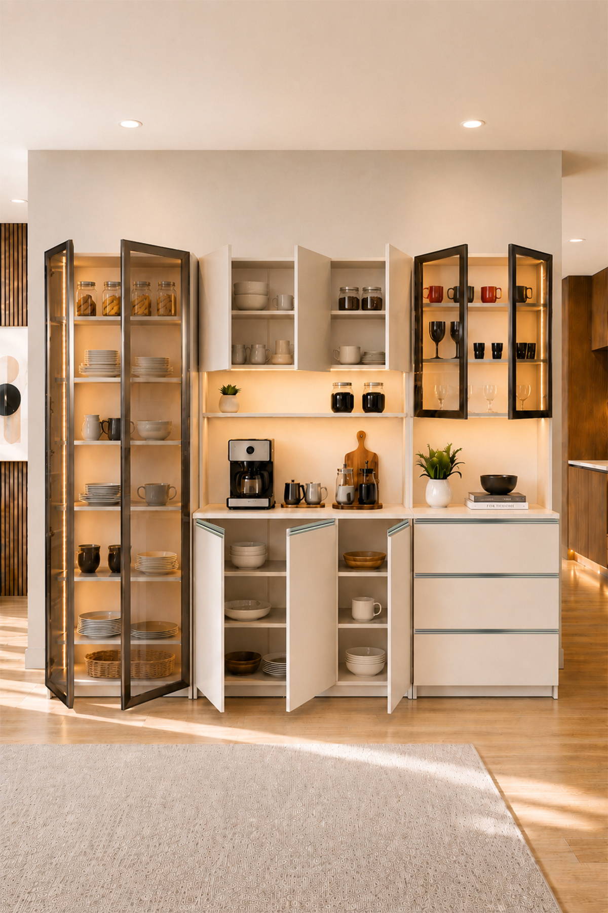 Dolce 3 Kapaklı Kahve Köşesi+Çekmeceli Modül+2 Cam Kapaklı Çok Amaçlı Dolap Led Işıklı 208 cm vizon görsel 2