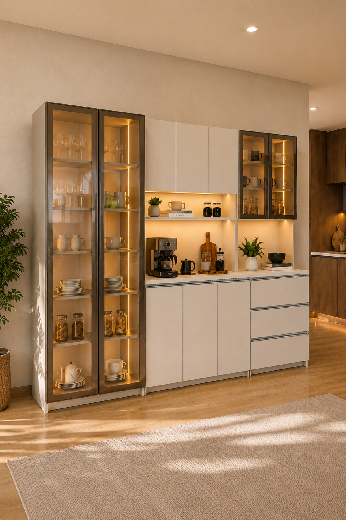 Dolce 3 Kapaklı Kahve Köşesi+Çekmeceli Modül+2 Cam Kapaklı Çok Amaçlı Dolap Led Işıklı 208 cm vizon görsel 3