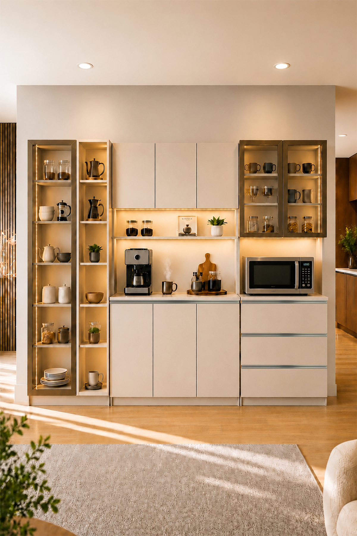 Dolce 3 Kapaklı Kahve Köşesi + Çekmeceli Modül + Raflı Dolap Temperli Cam Kapaklı Çok Amaçlı Dolap L