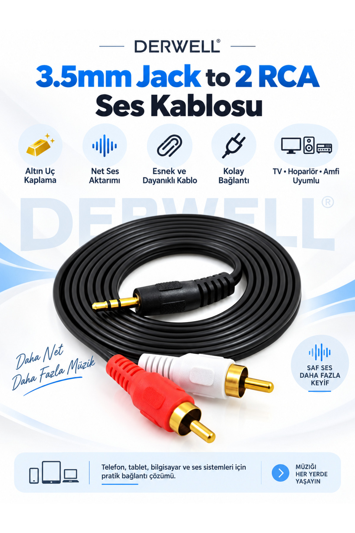 3.5mm Stereo To 2rca Kablosu Aux Tos Ses 1.5 Metre Kablo Sound Audıo Erkek Ara Kulaklık Standartt