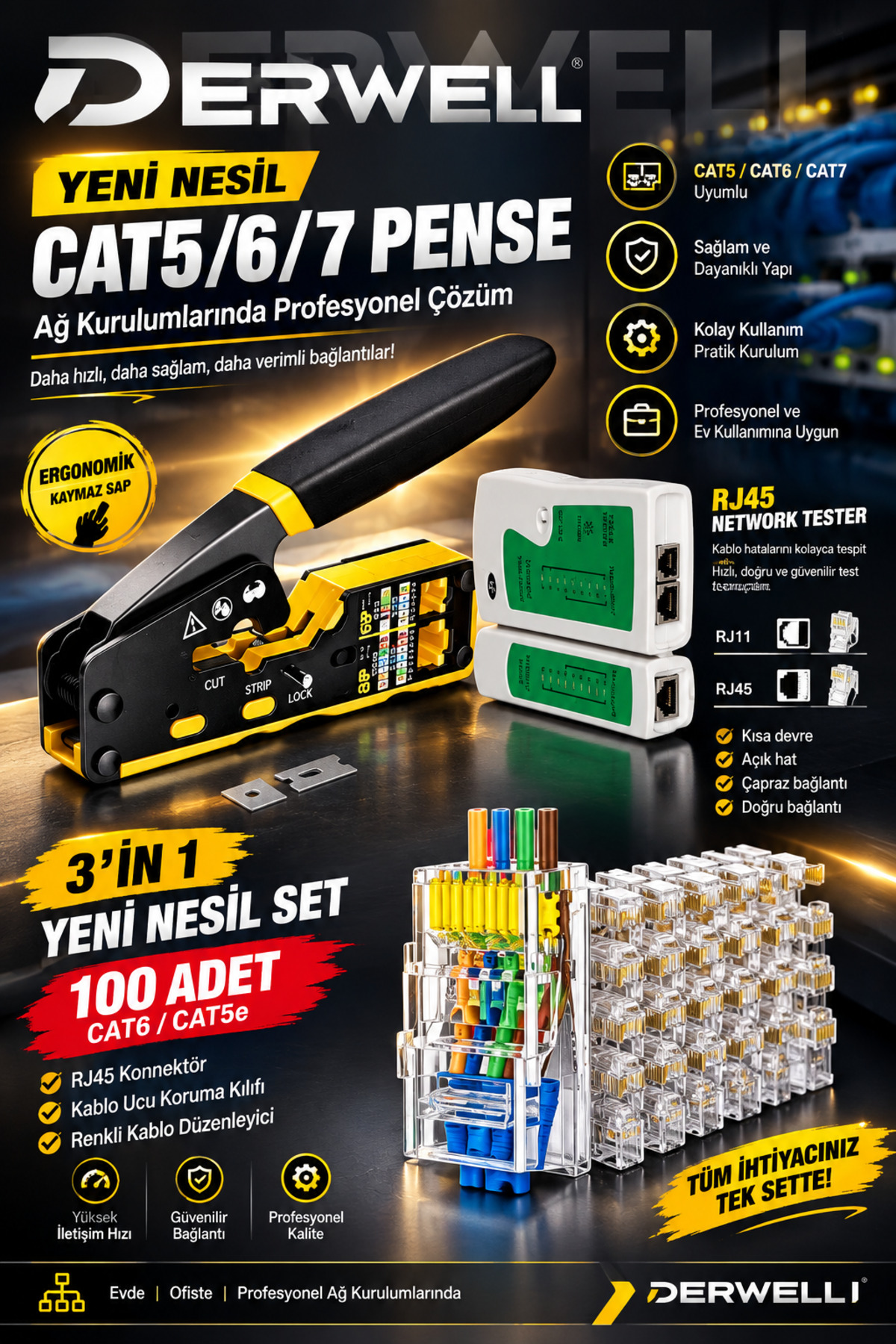 Yeni Nesil Ez RJ45 Sıkma Pensesi + Rj45/R11 Test Cihazı + 100 Adet Yeni Nesil Ez 8PC8C Utp Jak Set