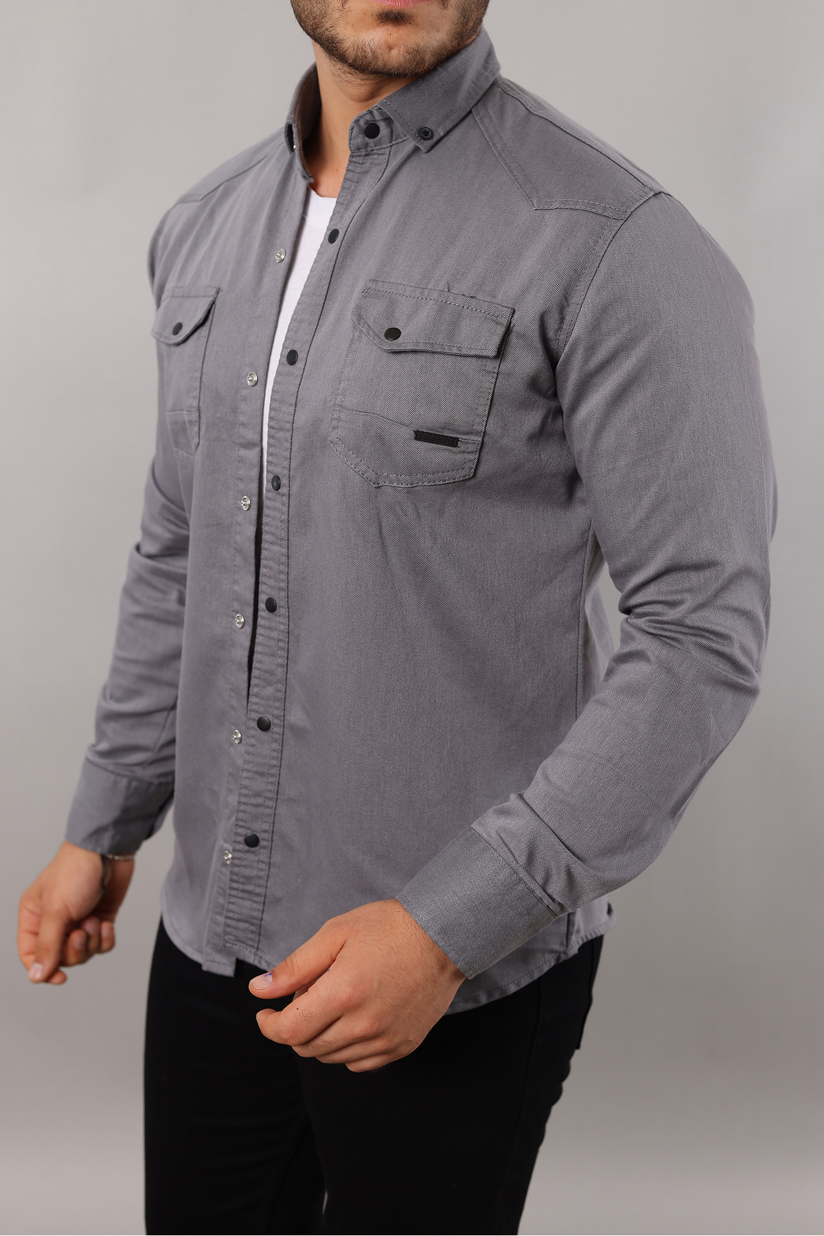 Slim Fit Erkek Kot Gömlek Gri — خاکستری yxcgömlek — تصویر 4 از 5