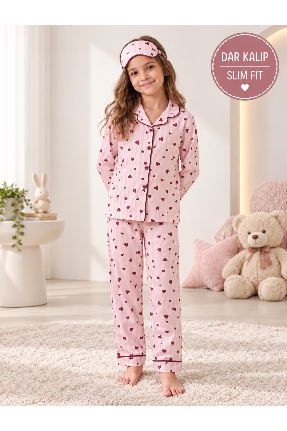 Novella18 Kız Çocuk Çizgili Kalp Desenli Düğmeli Pamuklu Uzun Kollu Pijama Takımı