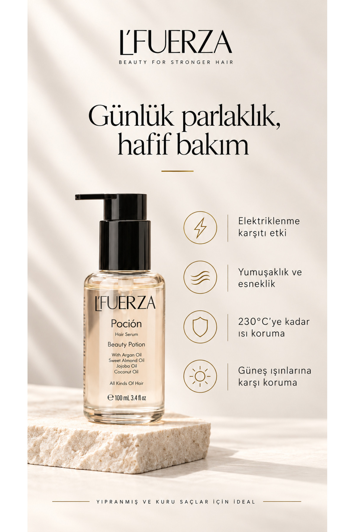 Pocion Saç Bakım Yağı 100 ml - Parlaklık Ve Onarım Etkili Isı Koruyucu Elektriklenme Karşıtı Serum — fuerza100ml — تصویر 6 از 9