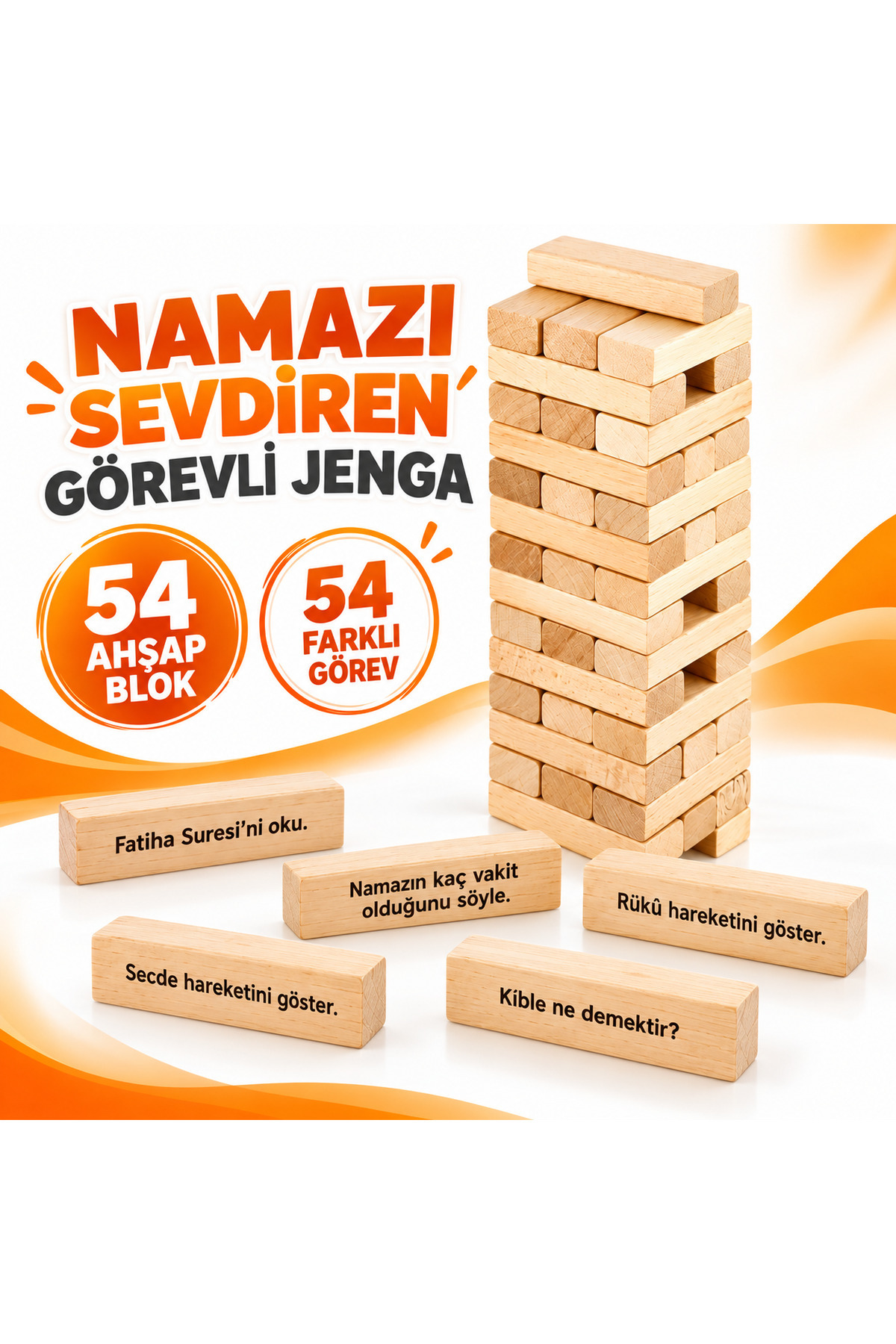 TOTTERİQ Namazı Sevdiren Görevli Ahşap Jenga 54 Parça Eğitici İslami Denge ve Beceri Oyunu