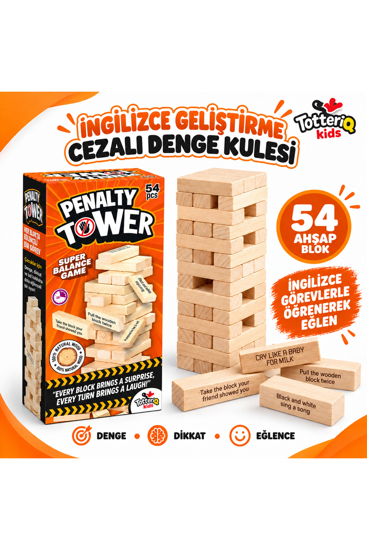 TOTTERİQ İngilizce Penalty Tower(İNGİLİZCE CEZALI TOWER) Jenga Denge Oyunu 54 Parça Büyük Boy