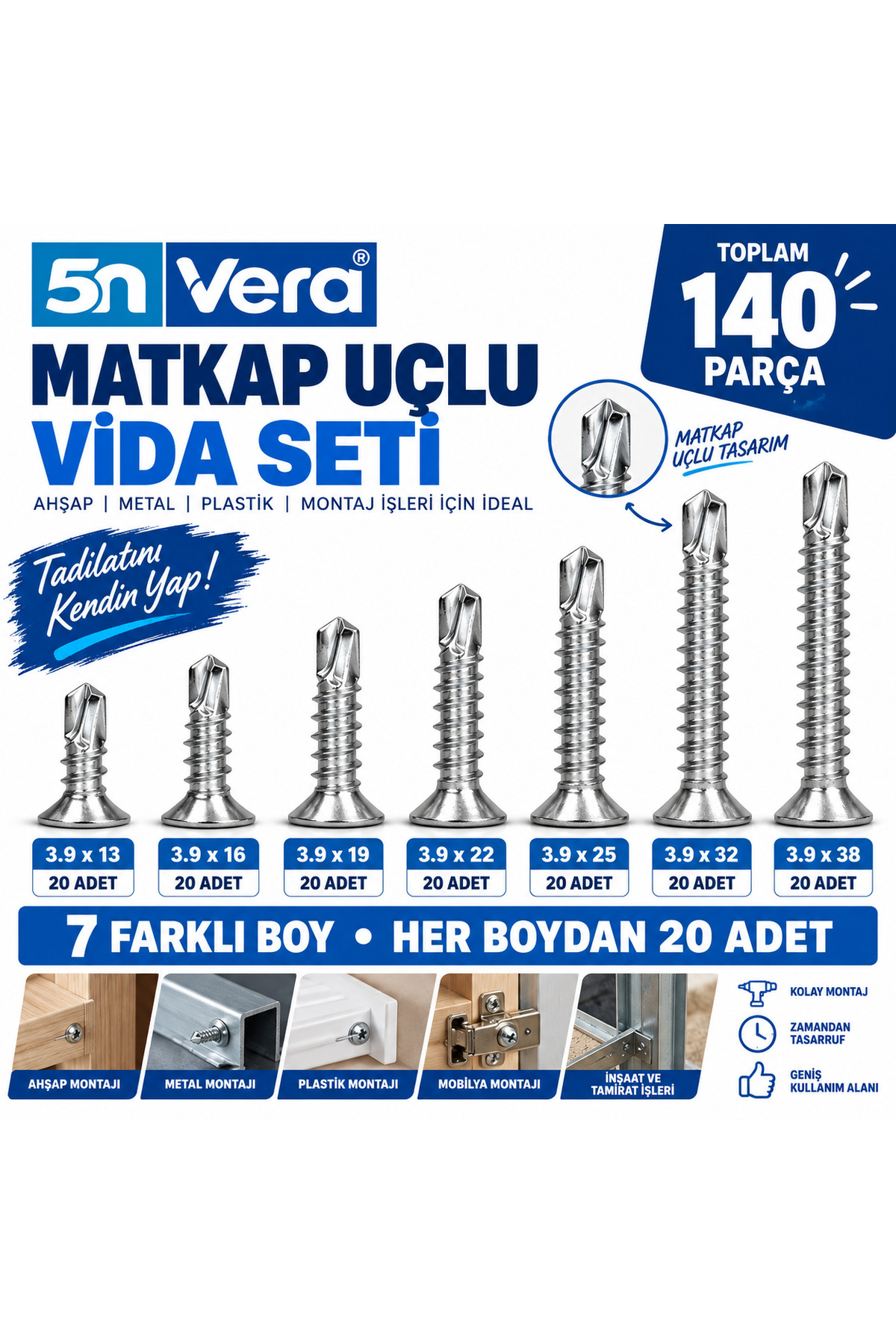 5N VERA 3.9 Akıllı Vida Matkap Uçlu Vida Seti | 3.9x13 3.9x16 3.9x19 3.9x22 3.9x25 3.9x32 3.9x38 | Kendinden Delici Sac ve Metal Montaj Vidası
