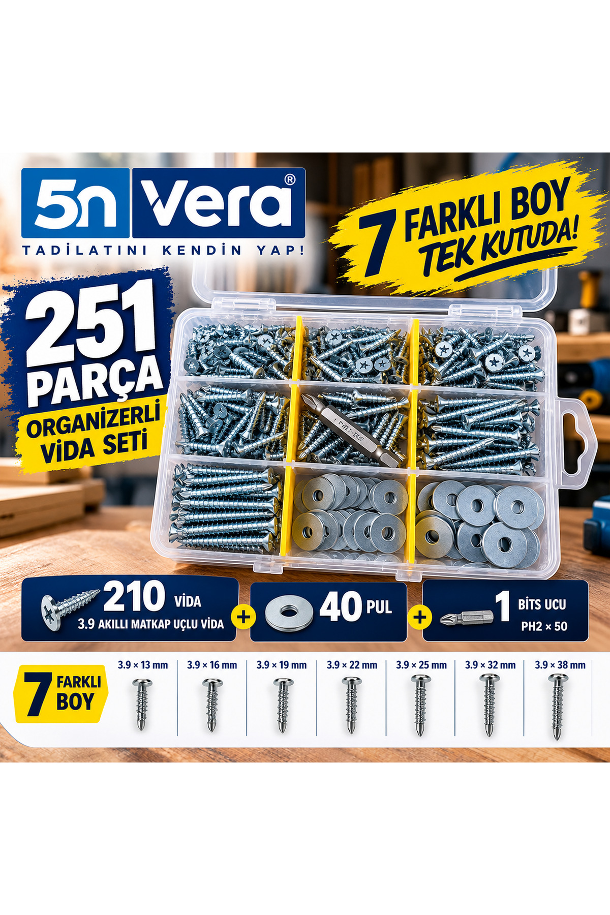 5N VERA 3.9 Matkap Uçlu Akıllı Vida Seti 251 Parça Organizer Kutulu | 210 Adet Kendinden Delici Sac ve Metal Montaj Vidası | 40 Pul | PH2×50 Bits Ucu | 3.9x13 3.9x16 3.9x19 3.9x22 3.9x25 3.9x32 3.9x38