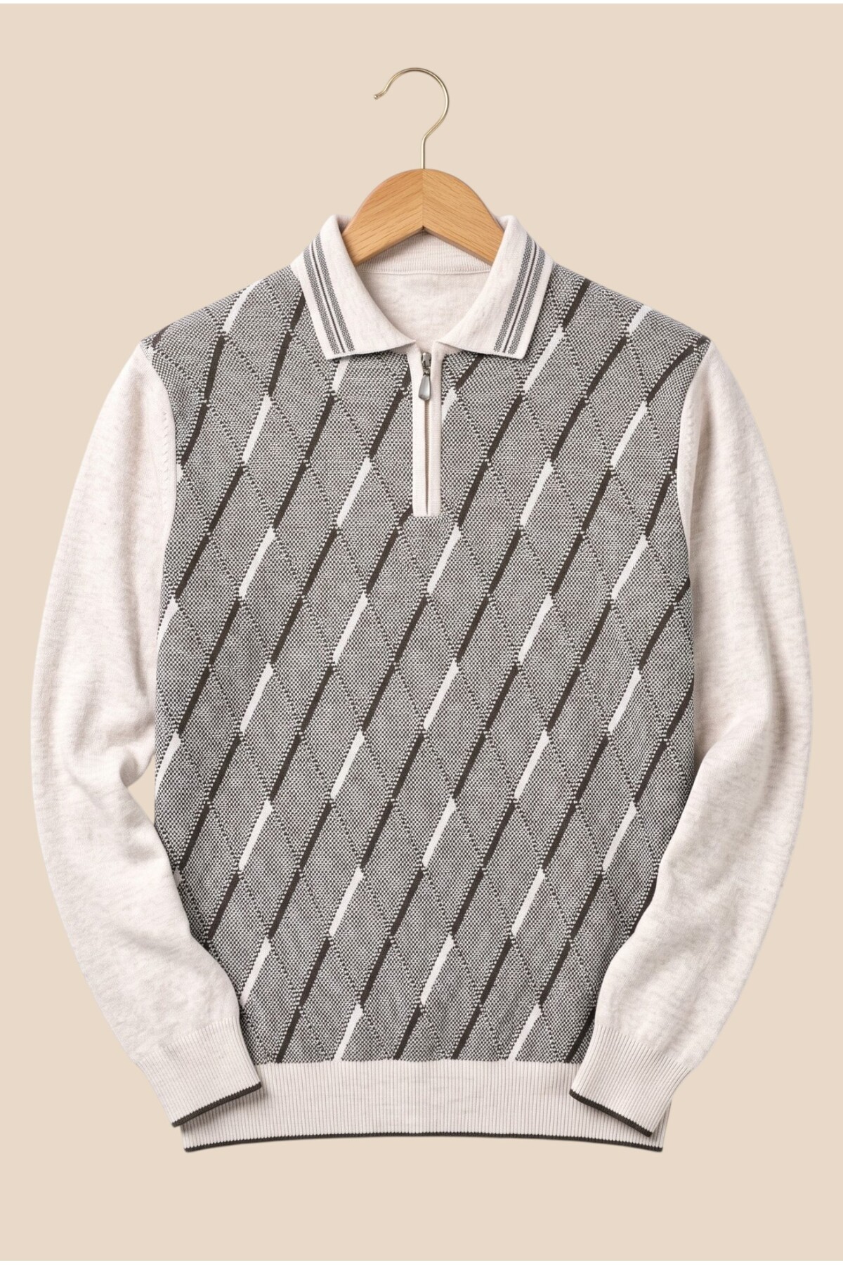 Standart Fit Krem Renk Polo Yaka Tüylenmez Triko Kazak — خاکستری kml110gml — تصویر 7 از 8