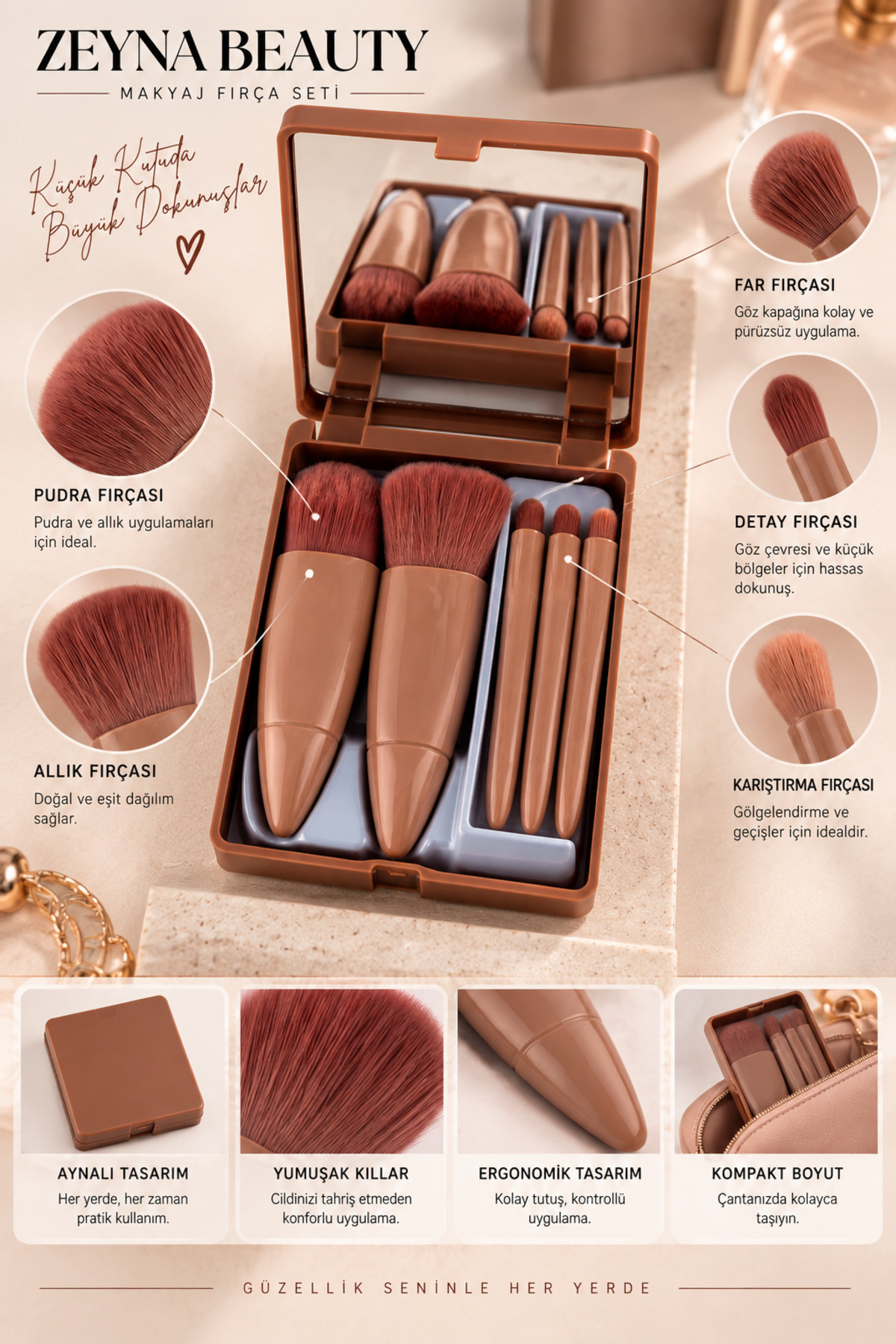 Profesyonel 5'li Makyaj Fırça Seti Aynalı — aynalısetkahve — تصویر 3 از 5
