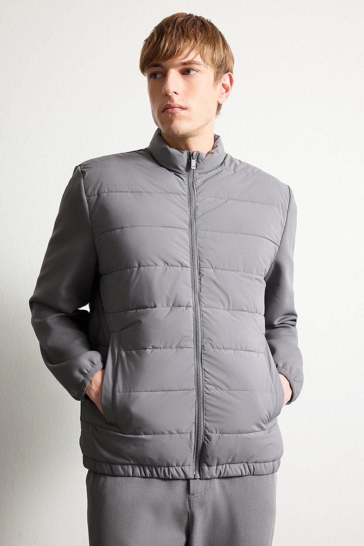 Sıcak Tutan Su Geçirmez Slim Fit Dik Yaka Esnek Mont D7532AX26SP — خاکستری — تصویر 3 از 5