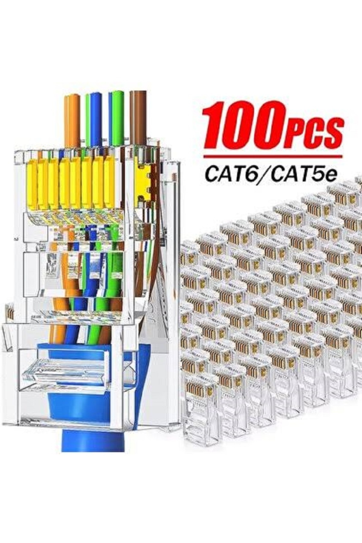 100 Adet Yeni Nesil Delikli Rj45 Cat5 Cat6 Ethernet Internet Kablo Soketi Konnektör 8p8c Jack Utp Uç