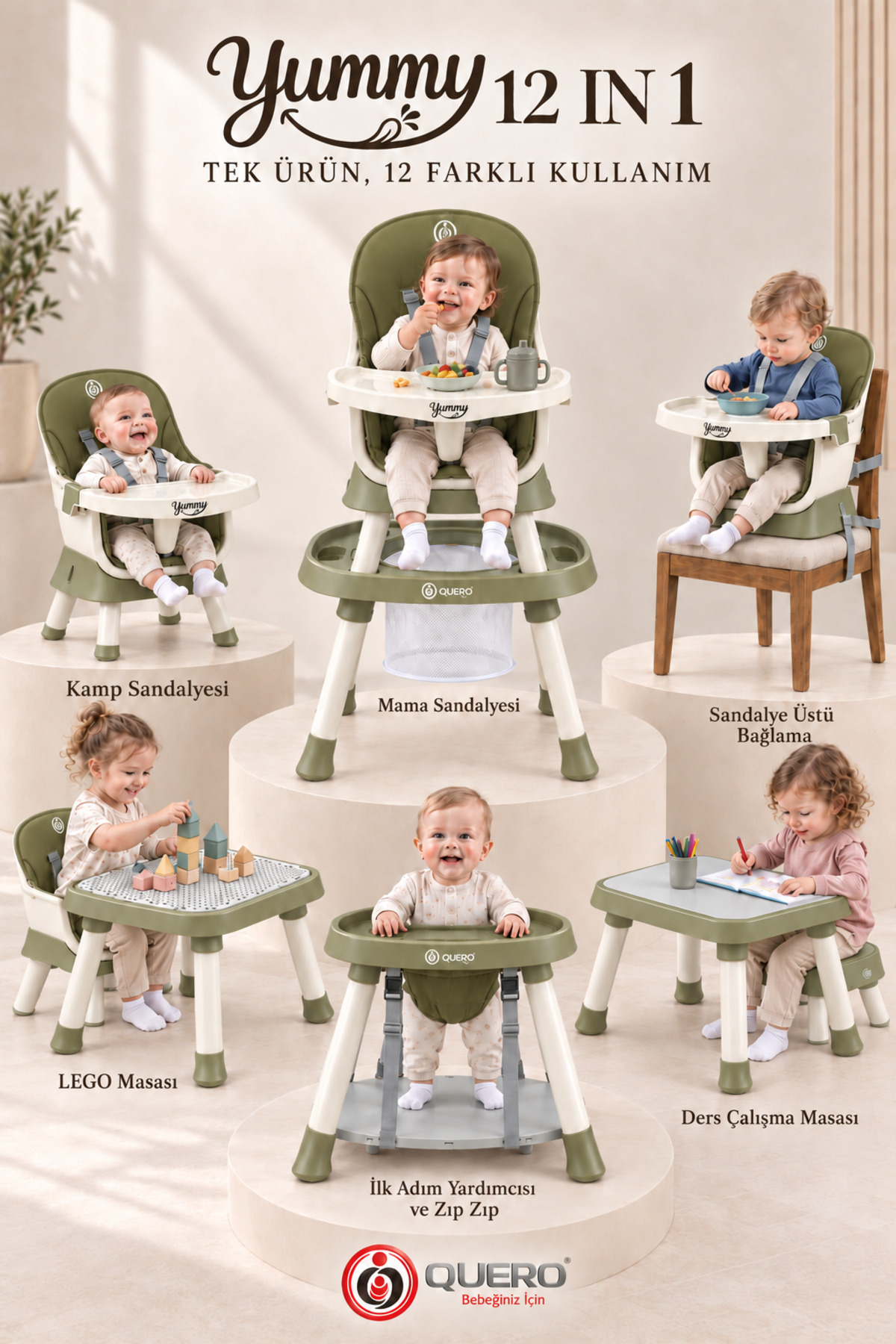 Quero Yummy 12in1 Mama Sandalyesi 12 Özellik Portatif Çalışma, Oyun Masalı Çok Fonksiyonlu Mama Sandalyesi
