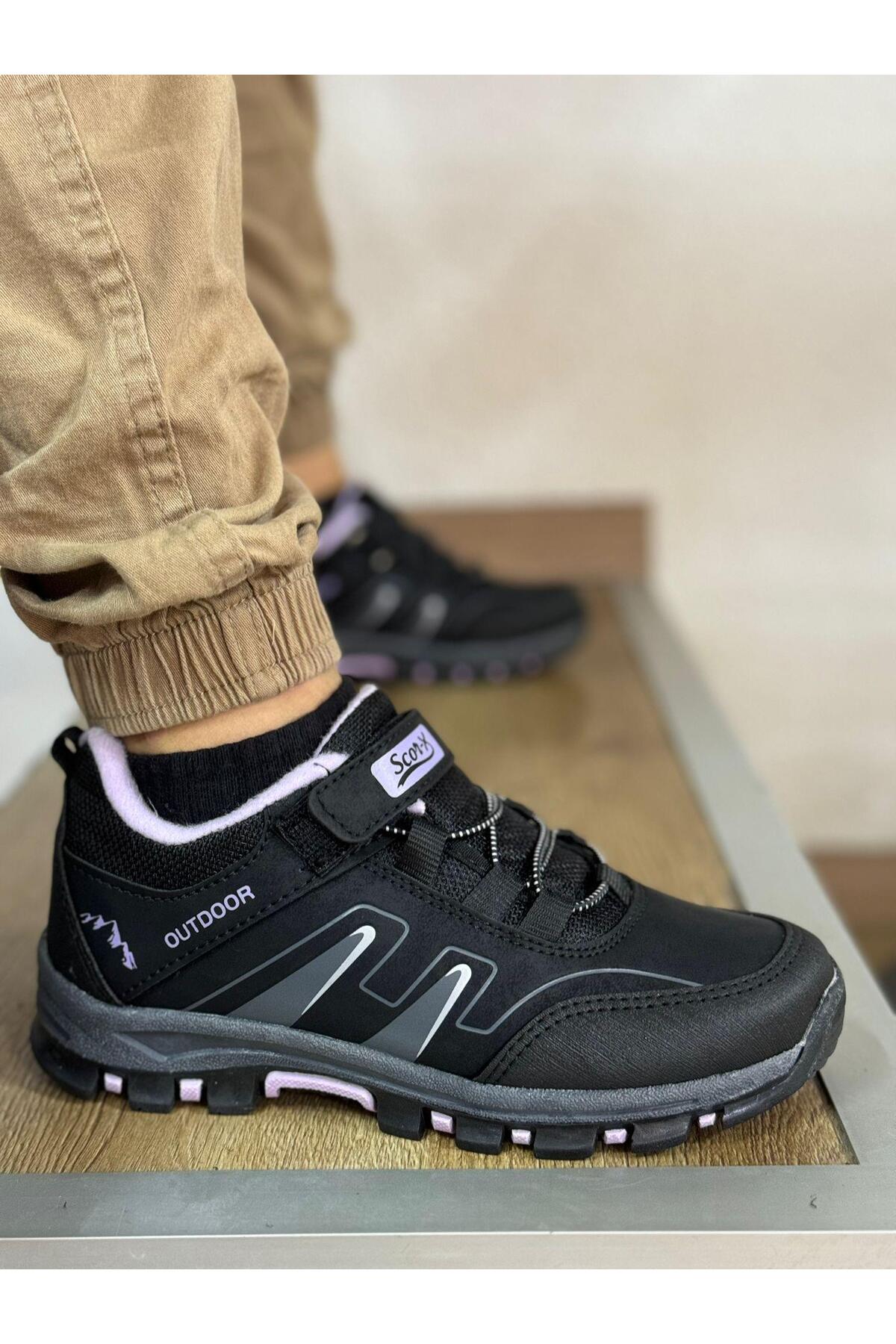 homiro Bantlı Unisex Kısa Çocuk Spor Outdoor Ayakkabı-Siyah-Lila