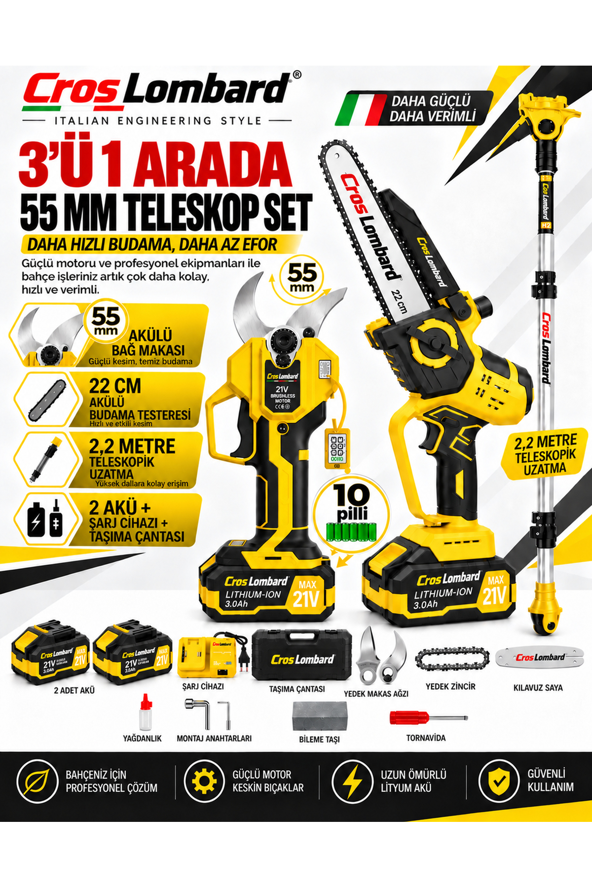 Cros LOMBARD Genoa Seri 55 MM Dijital Makas + 22 CM Otomatik Yağlamalı Testere + 2.2 MT Teleskop Süper Bahçe Seti Çantalı