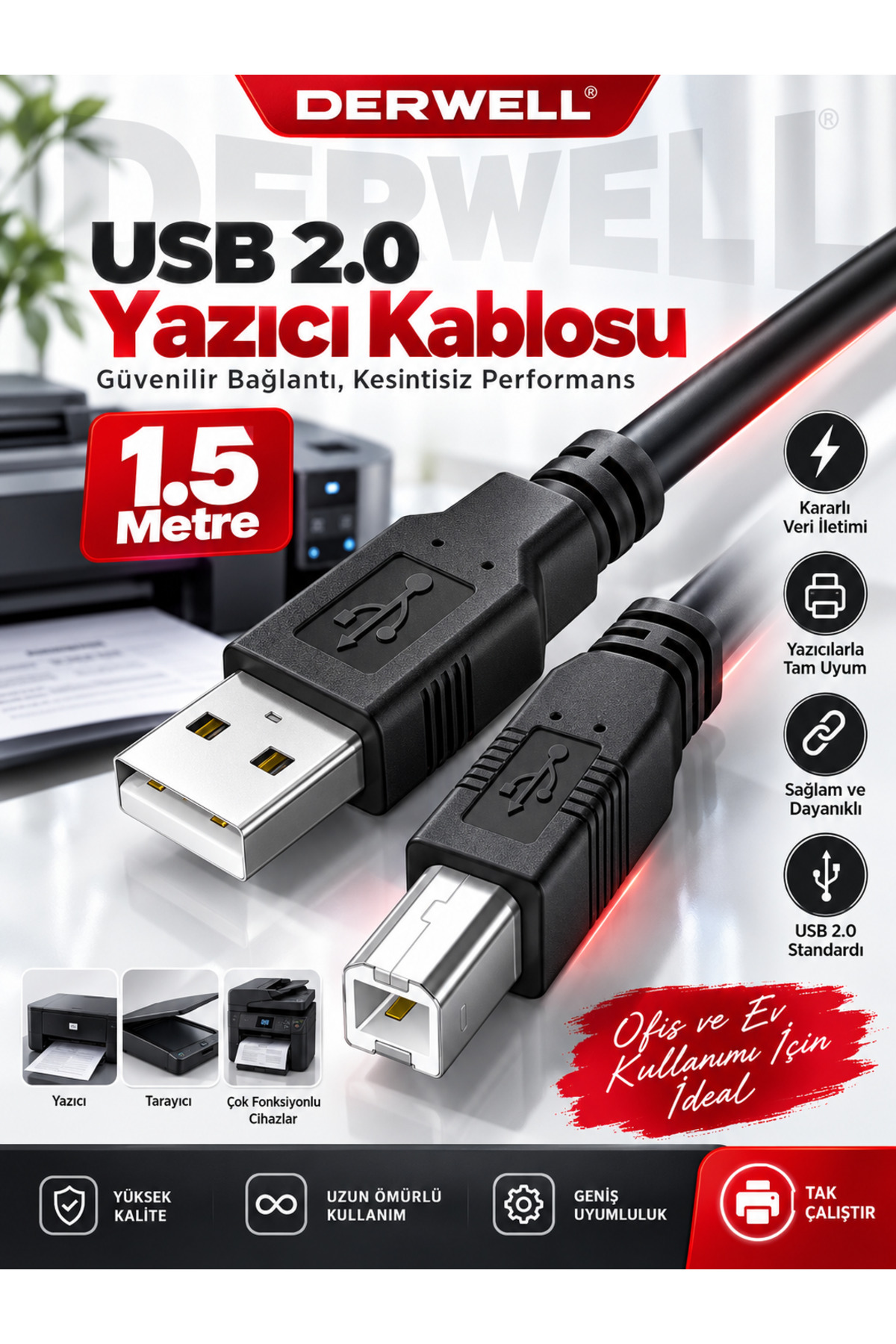 1.5 Metre PD Yazıcı Kablosu A Erkek BErkek kablosu Bilgisayar HP Officejet Laserjet Envy Canon Pixma
