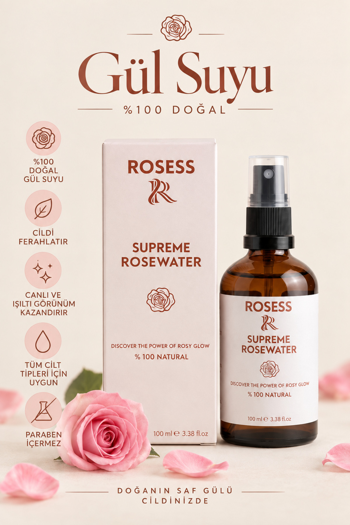 Rosess Saf Gül Suyu 100 ml | Gül Mayası Yüz Toniği, Ferahlatıcı ve Nemlendirici — glsy001