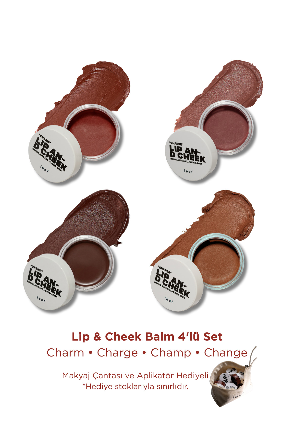 Leef Lip & Cheek Balm 4'lü Set | Charm Charge Change Champ | Krem Allık Lip Tint + Aplikatör Çanta Hediyeli — L&C-Collection