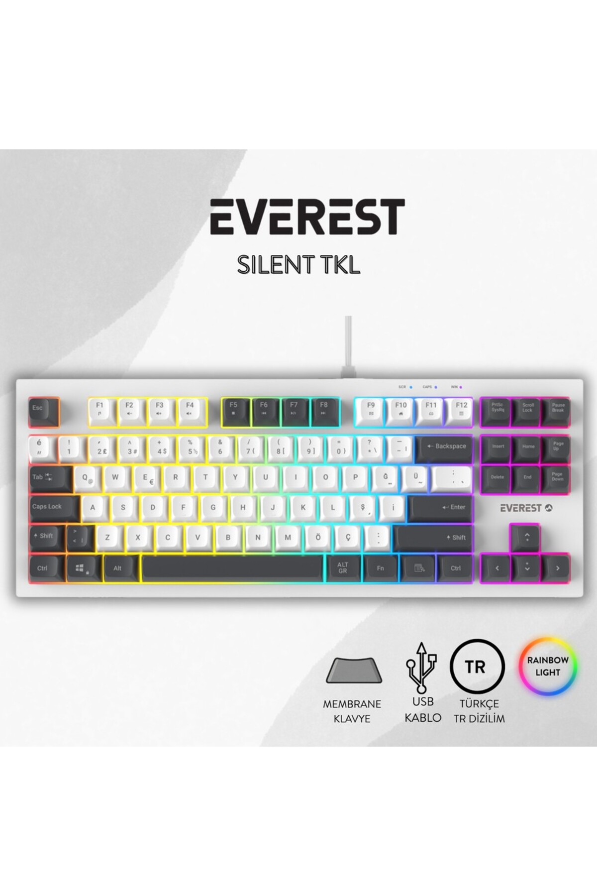 Everest KB-98 SILENT TKL Beyaz/Gri Mavi Rainbow Q Membran Klavye