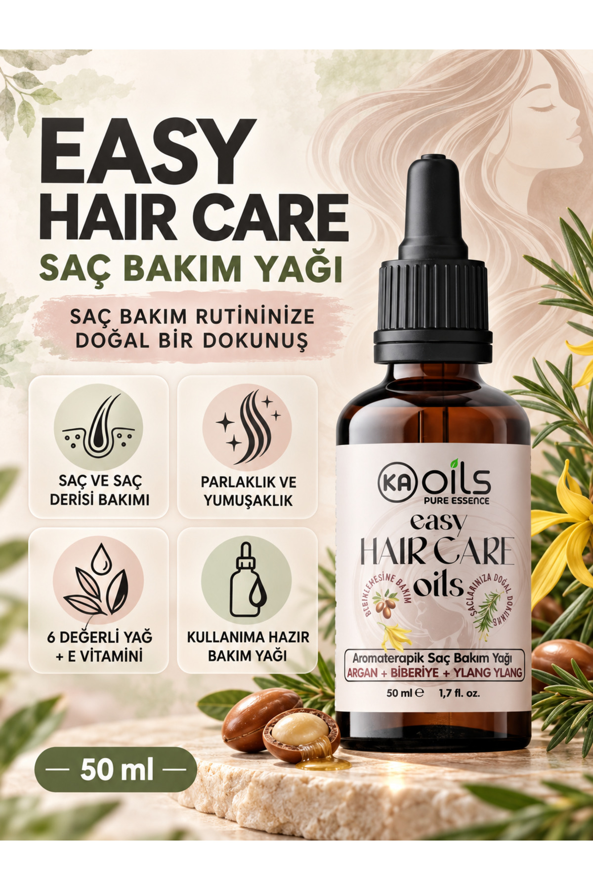 Easy Hair Care Doğal Saç Bakım Yağı 50 ml | Biberiye, Argan, Ylang Ylang | Gürleştirici Etki — TYCXJ8MX2N172737151078721