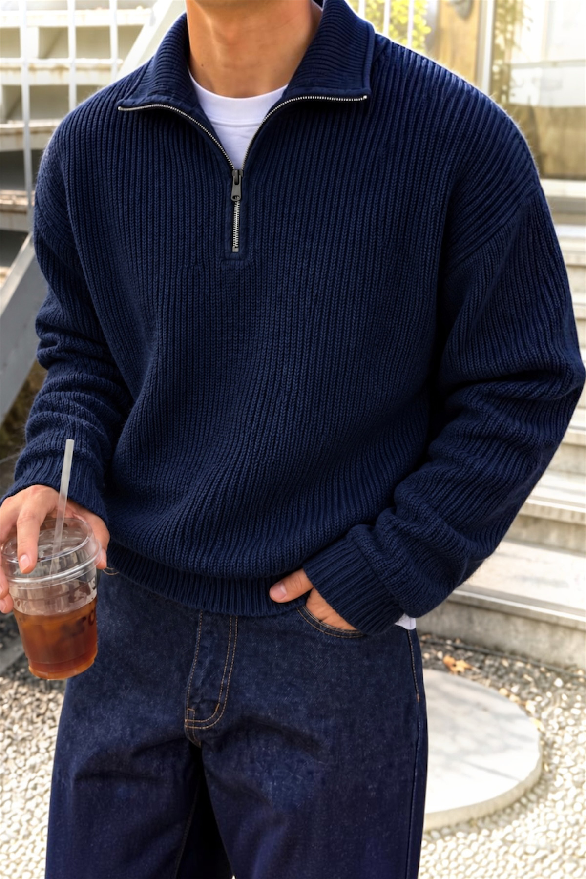 ژاکت بافتنی مردانه اورسایز نیم زیپ — سرمه‌ای HALFZIPPER-NITWEAR — تصویر 3 از 4