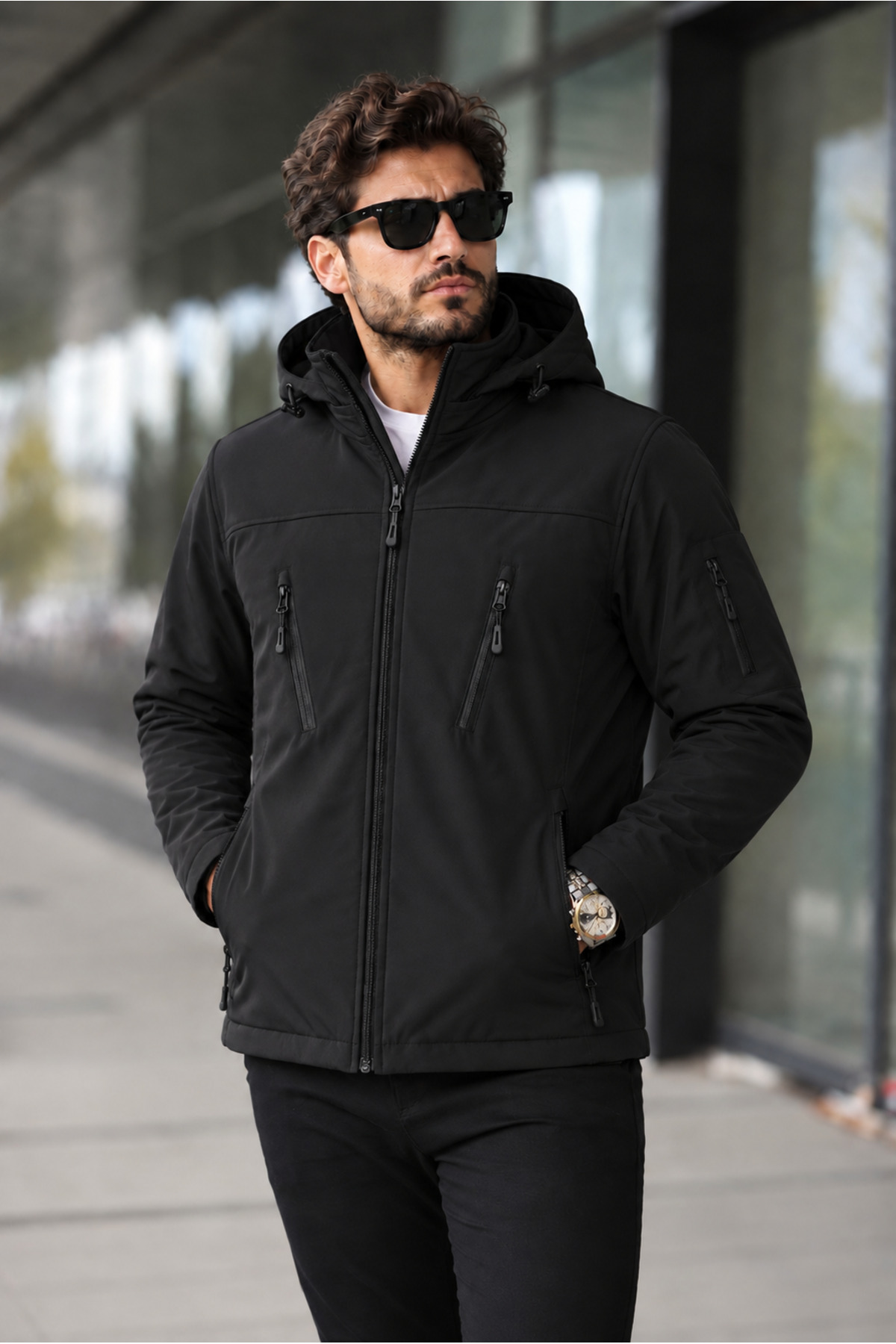 کاپشن نرم و کلاه‌دار مشکی، جداشدنی، ضد باران و باد — مشکی Softshell 2 — تصویر 3 از 7
