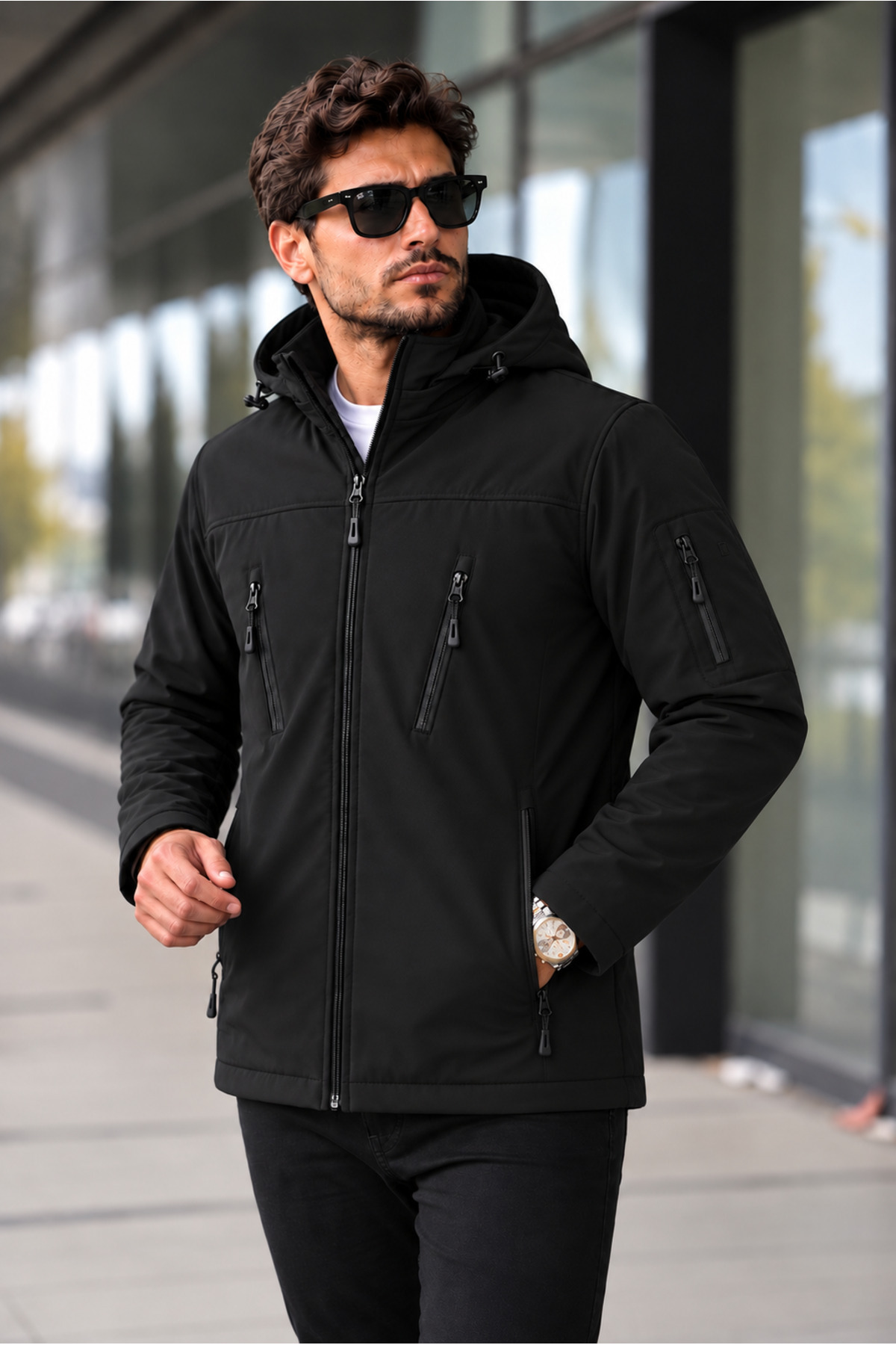 کاپشن نرم و کلاه‌دار مشکی، جداشدنی، ضد باران و باد — مشکی Softshell 2 — تصویر 4 از 7