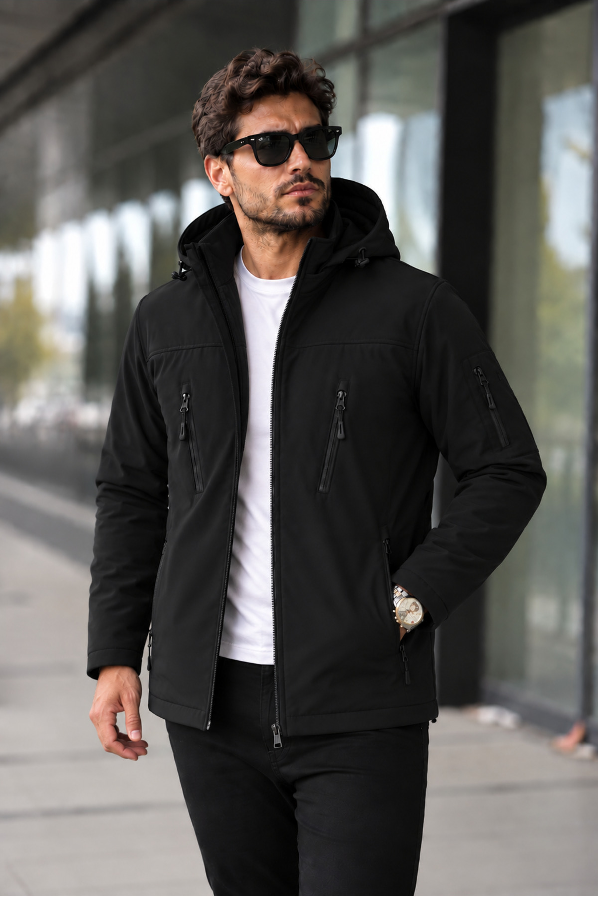 کاپشن نرم و کلاه‌دار مشکی، جداشدنی، ضد باران و باد — مشکی Softshell 2 — تصویر 5 از 7