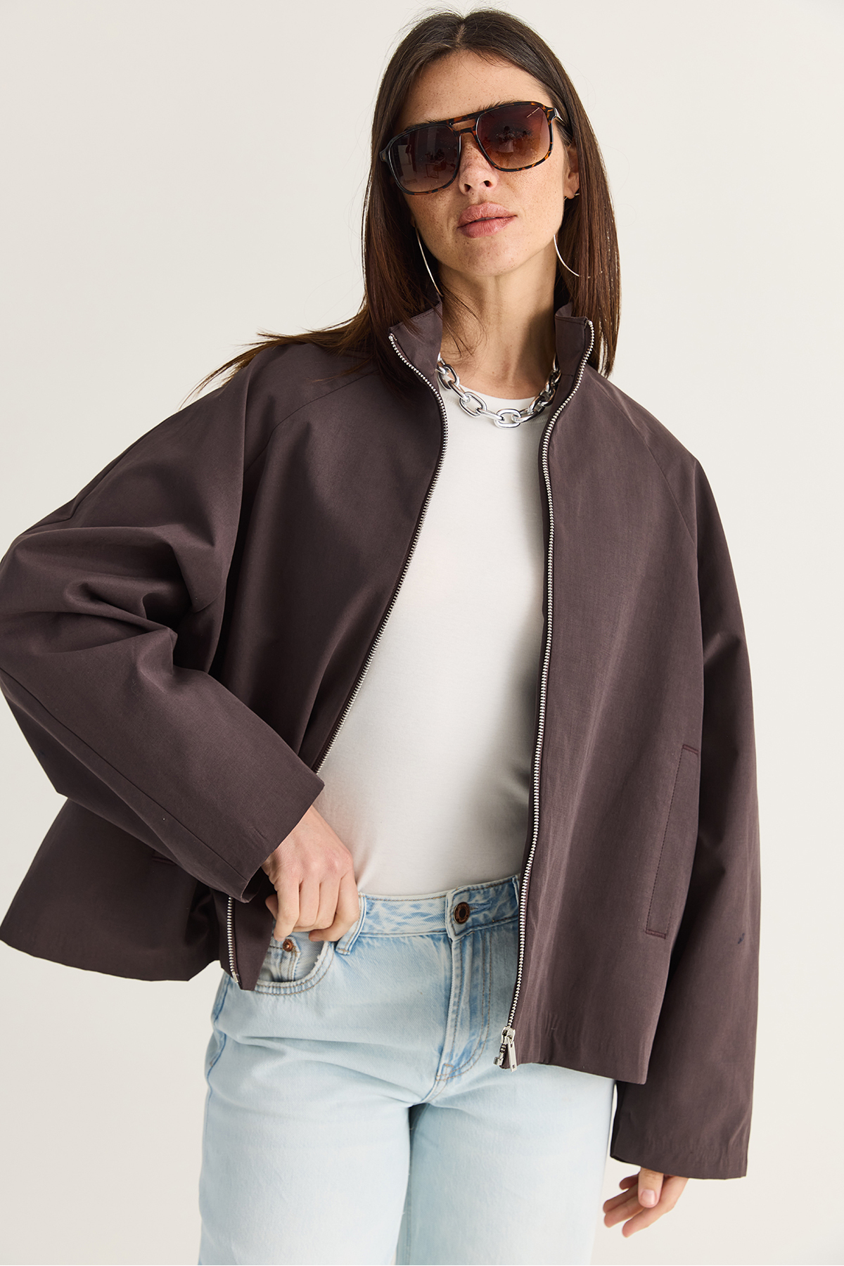 زنانه قهوه ای تلخ یقه ایستاده زیپ آستین راگلان A Cut Short Trench کت 2100 60286511 2