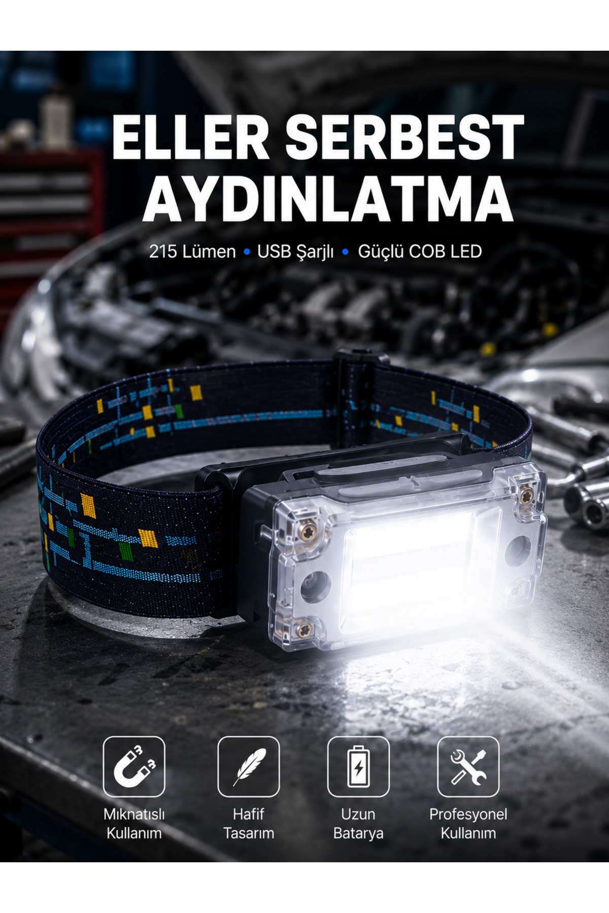 EMVERA Kompakt LED Kafs Feneri USB Şarjlı Manyetik 2 Işık Modlu 215 Lümen Yeni Nesil