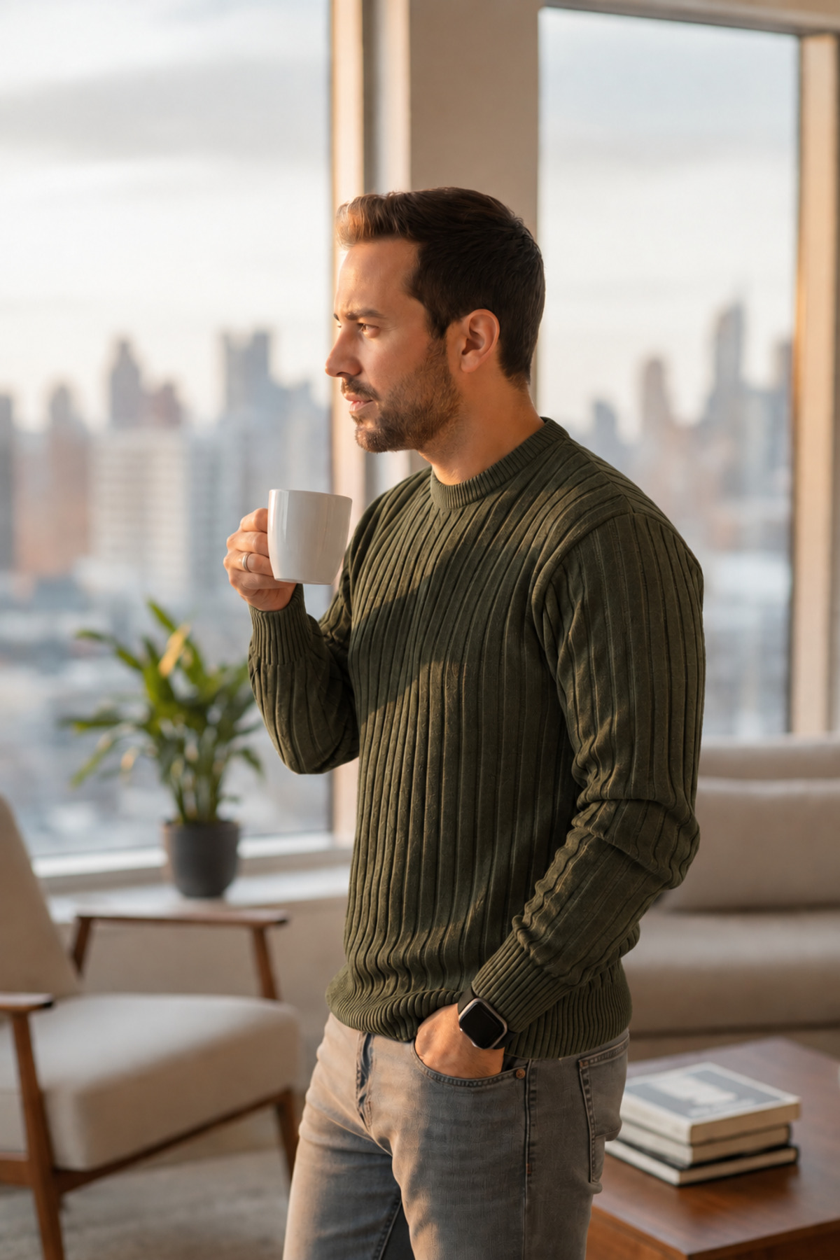 Erkek Kazak Triko Kazak Haki Kazak Slim Fit — خاکی Zimsah1415