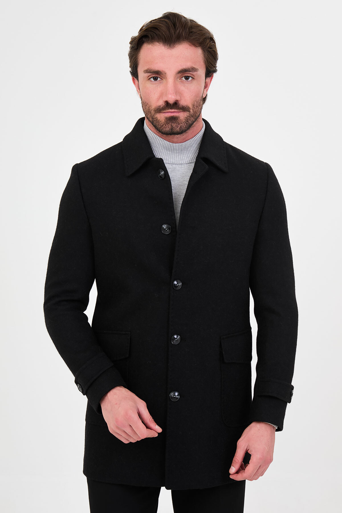 Dokulu Slim Fit Gömlek Yaka Düğmeli Torba Cepli Yün Erkek Kaban Siyah - 21343.26K — رنگارنگ — تصویر 2 از 7