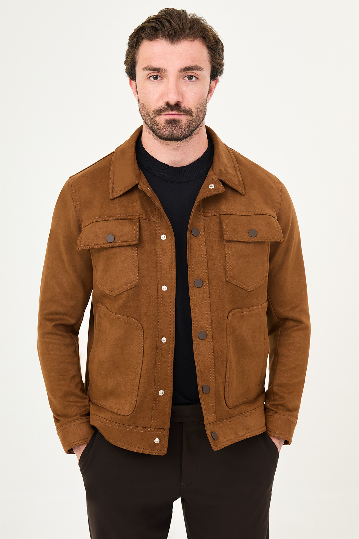 Düz Slim Fit Gömlek Yaka Çıtçıtlı Süet Erkek Mont Kamel - 39681.26K — رنگارنگ — تصویر 6 از 7