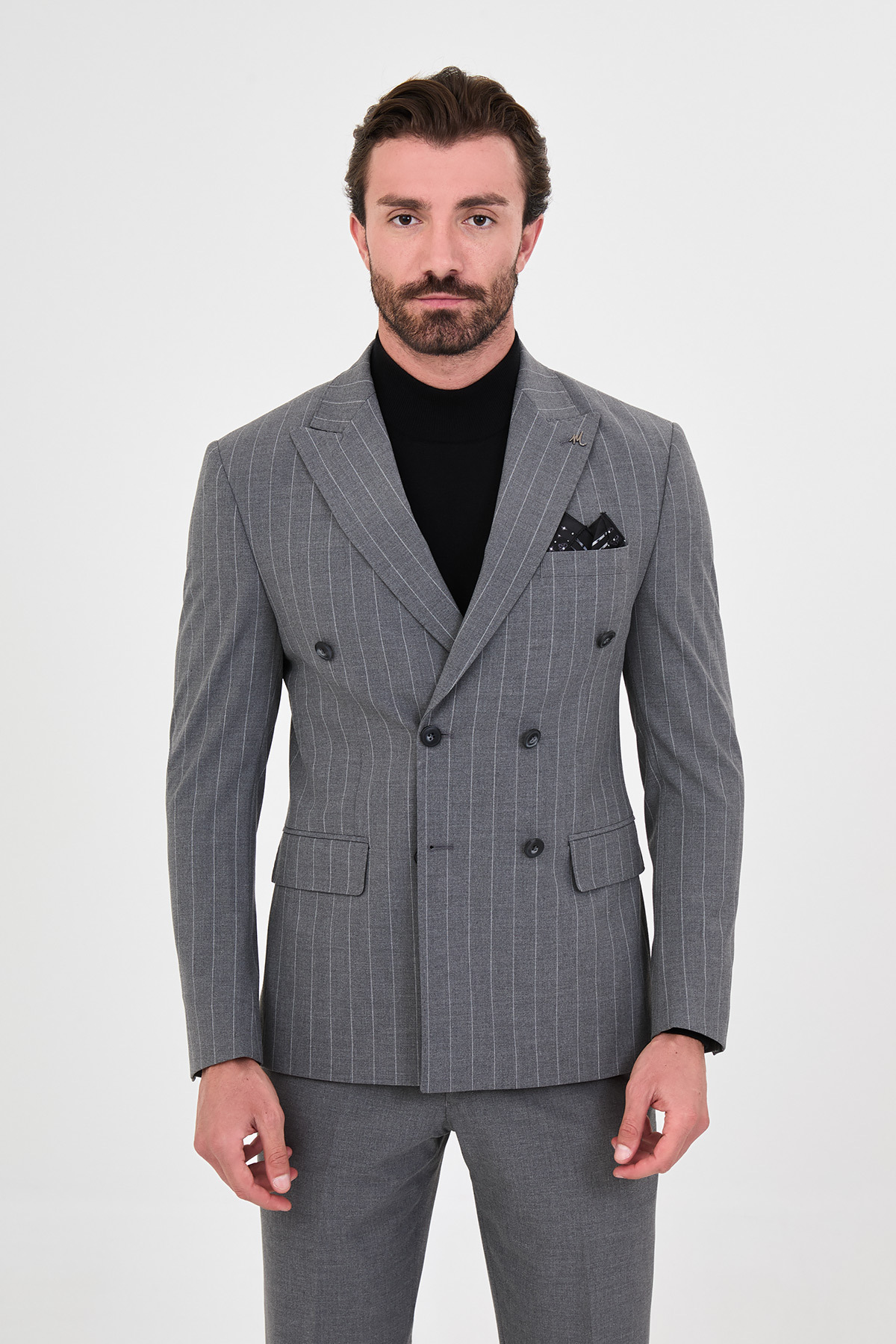Çizgili Slim Fit Geniş Yaka Kruvaze İtalyan Stil Duble Paça Pantolon Erkek Takım Elbise Gri - 45486.26K — رنگارنگ — تصویر 5 از 6