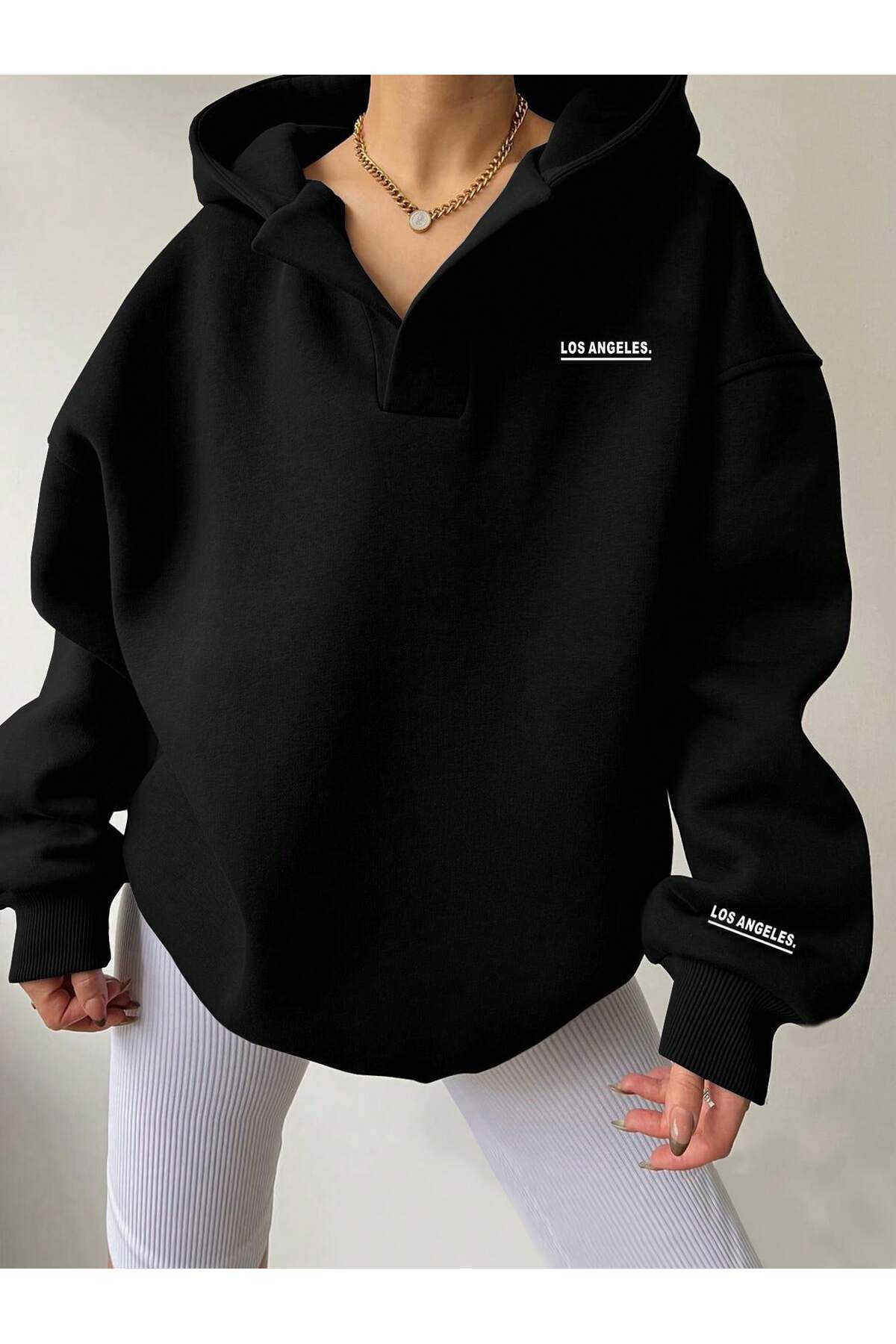 Unisex V-Yaka Kapüşonlu Basic Baskılı Oversize Swetshirt — مشکی TYCD3393E7761E2506